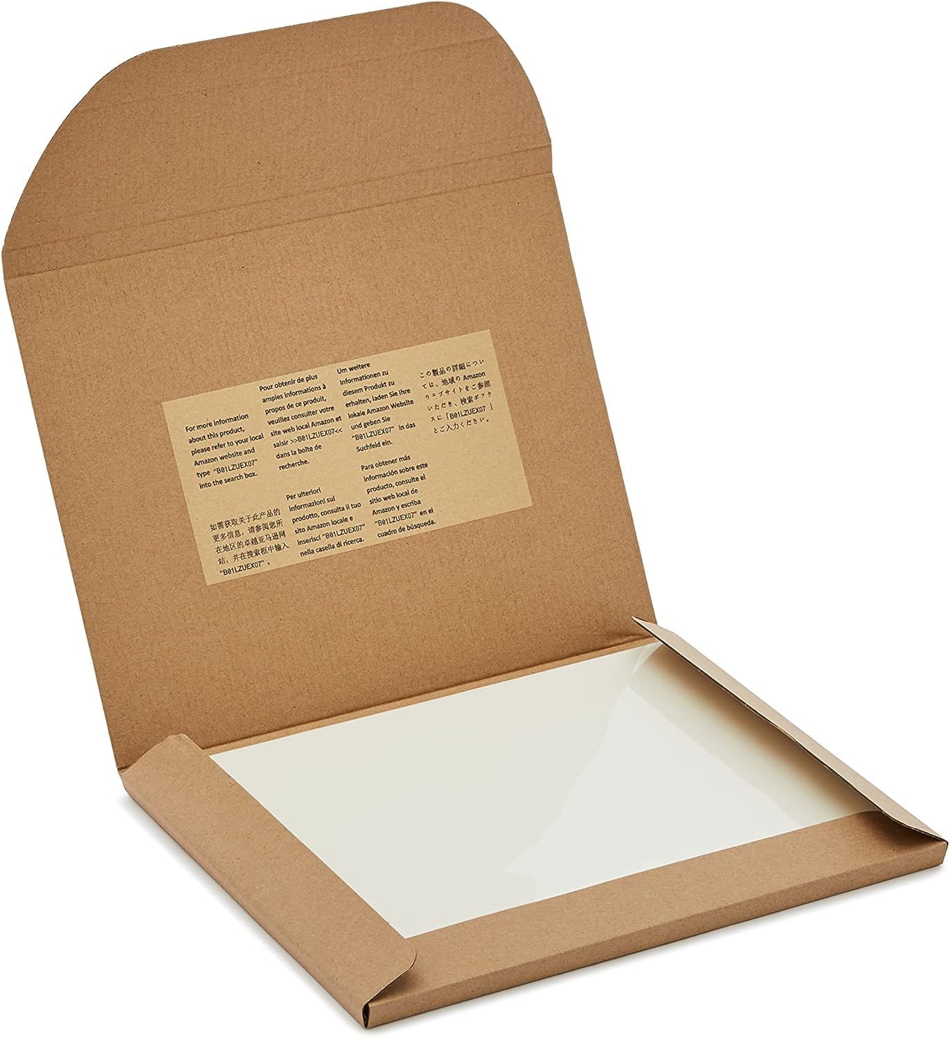 Displays the product packaging in a clean, catalog-style format to show what the customer receives, emphasizing the eco-friendly cardboard mailer design.