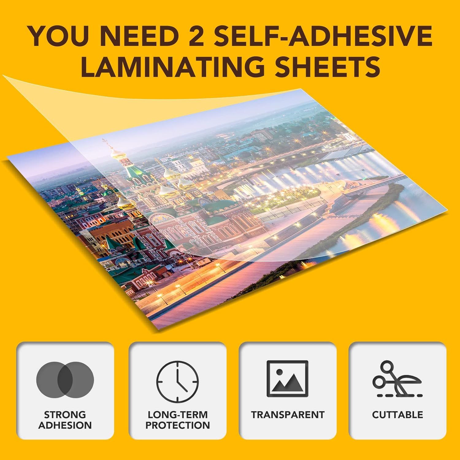 Communicates multiple key benefits of the laminating sheets through a visually segmented layout with four distinct feature callouts, reassuring shoppers of…