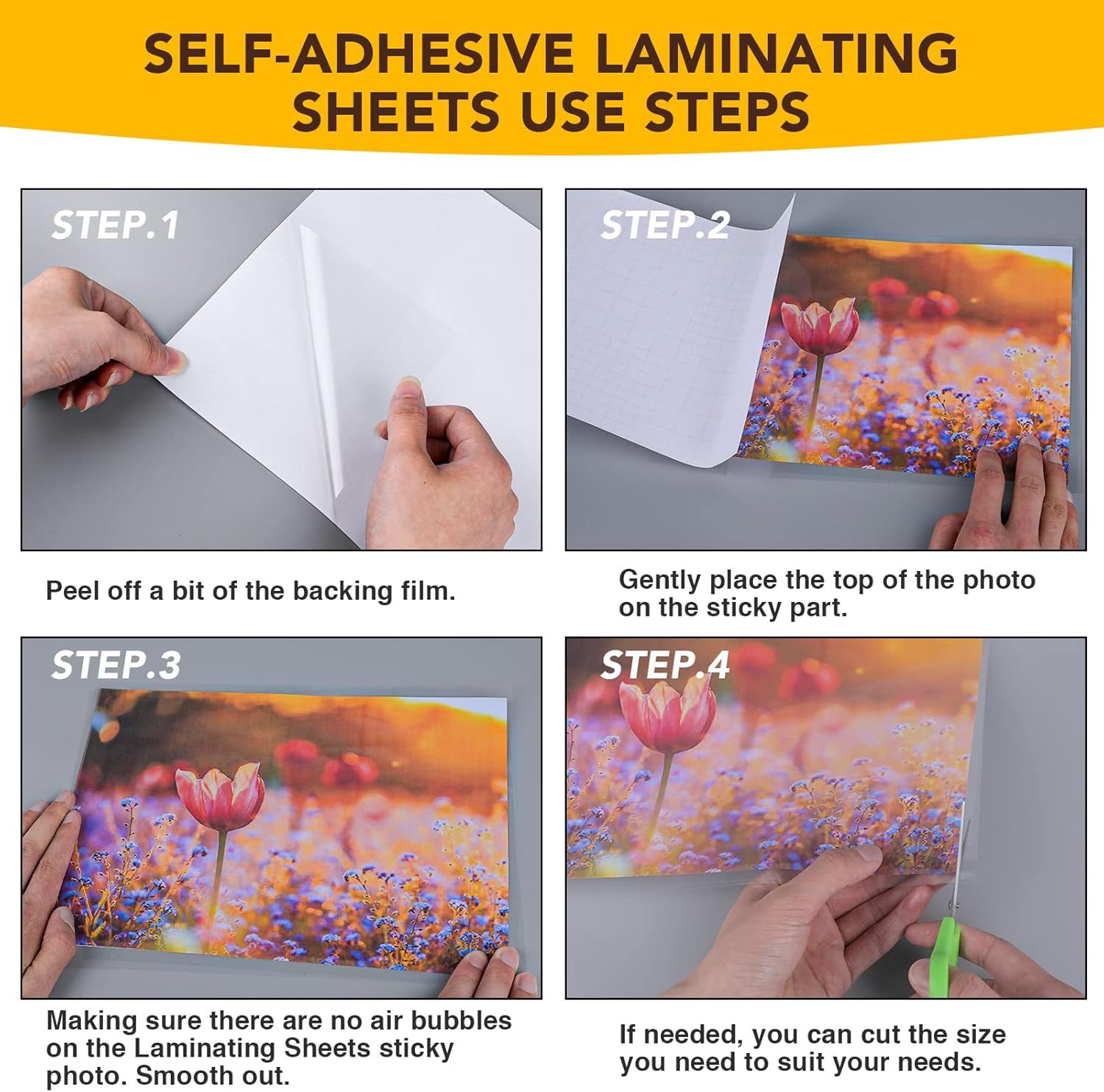 Demonstrates the complete process of applying self-adhesive laminating sheets through a clear 4-step visual guide, helping shoppers understand how easy the…