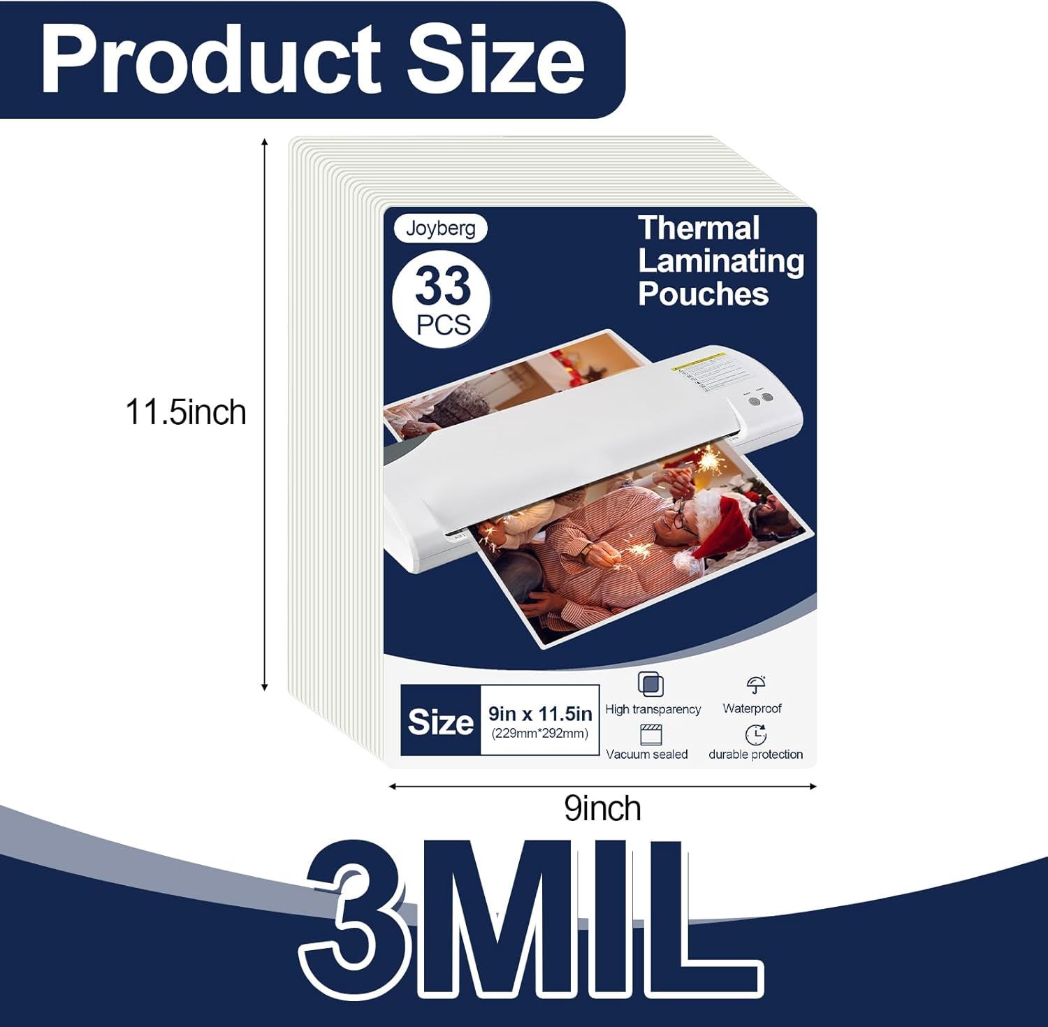Communicates the exact physical dimensions of the thermal laminating pouches (9in x 11.5in, 3MIL thickness) to help shoppers understand the product size and…