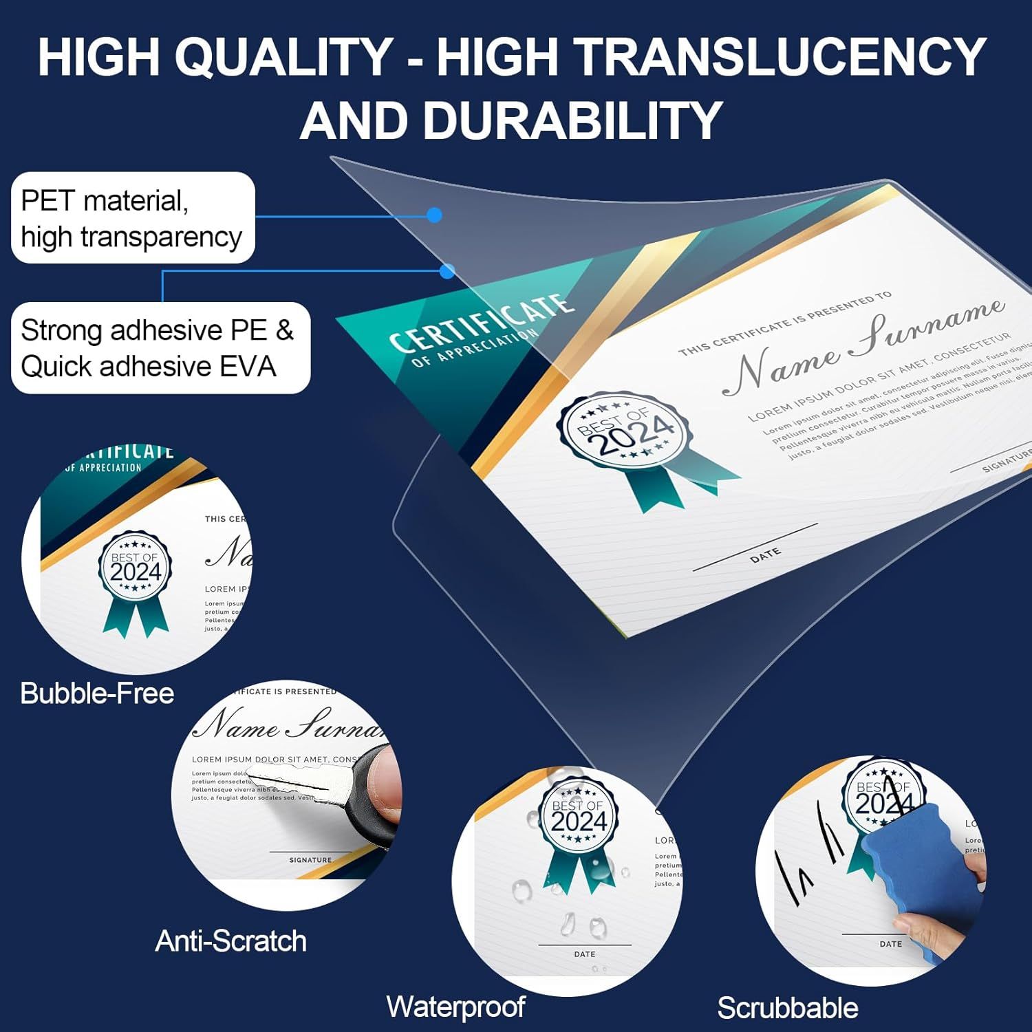 This image breaks down the physical construction and material properties of the certificate product, highlighting multiple component features like…