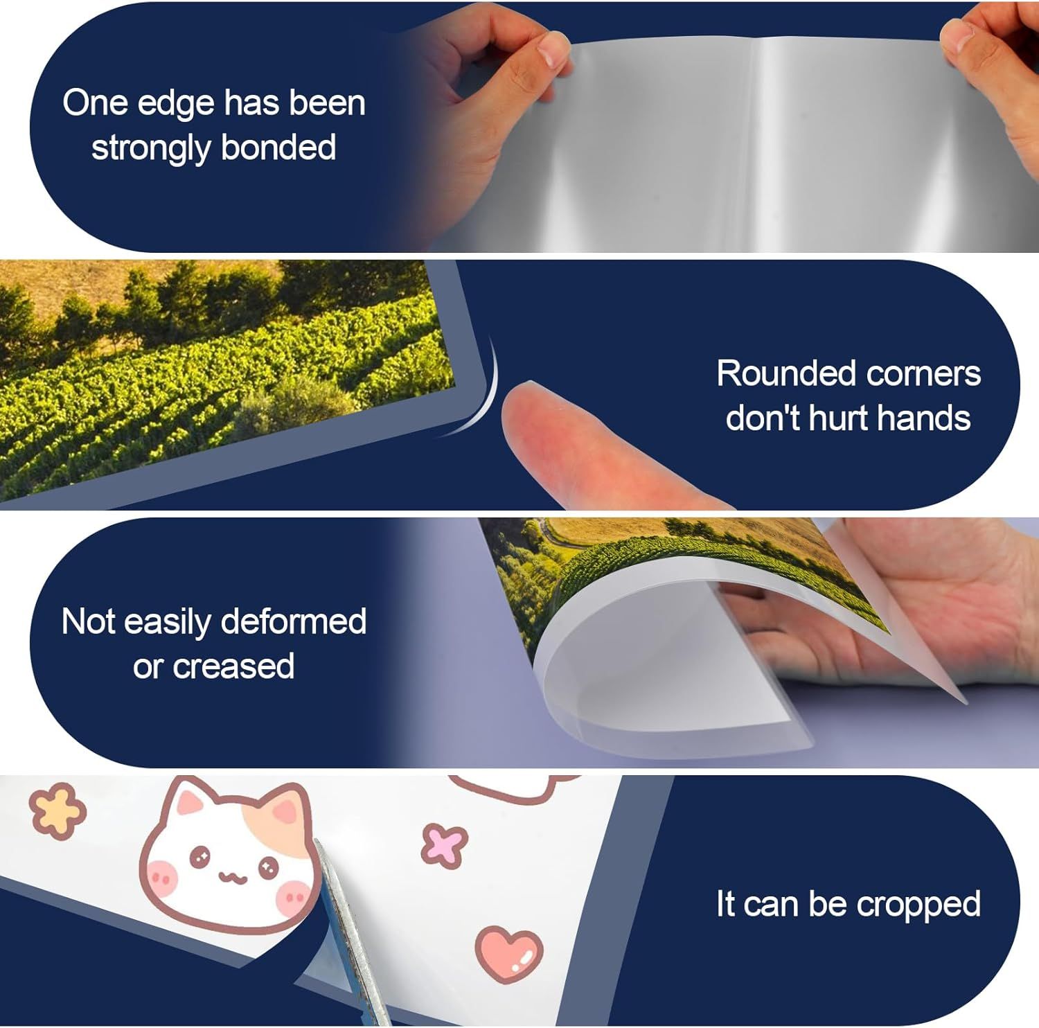 Communicates multiple distinct product benefits in a segmented layout, showing the product's durability, safety features, flexibility, and customization…