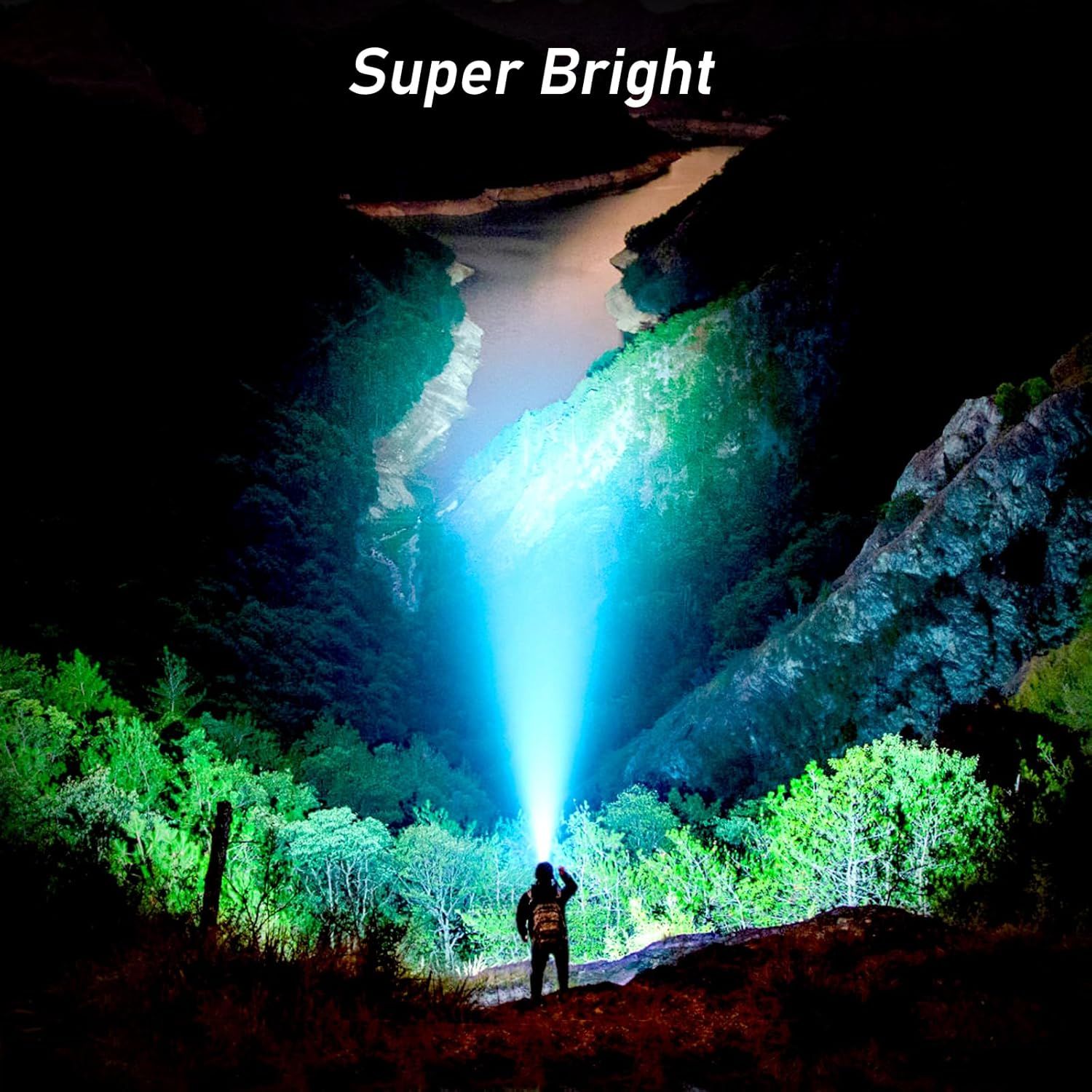 Demonstrates the flashlight's powerful brightness capability by showing it illuminating a large outdoor area at night, reassuring shoppers of its…