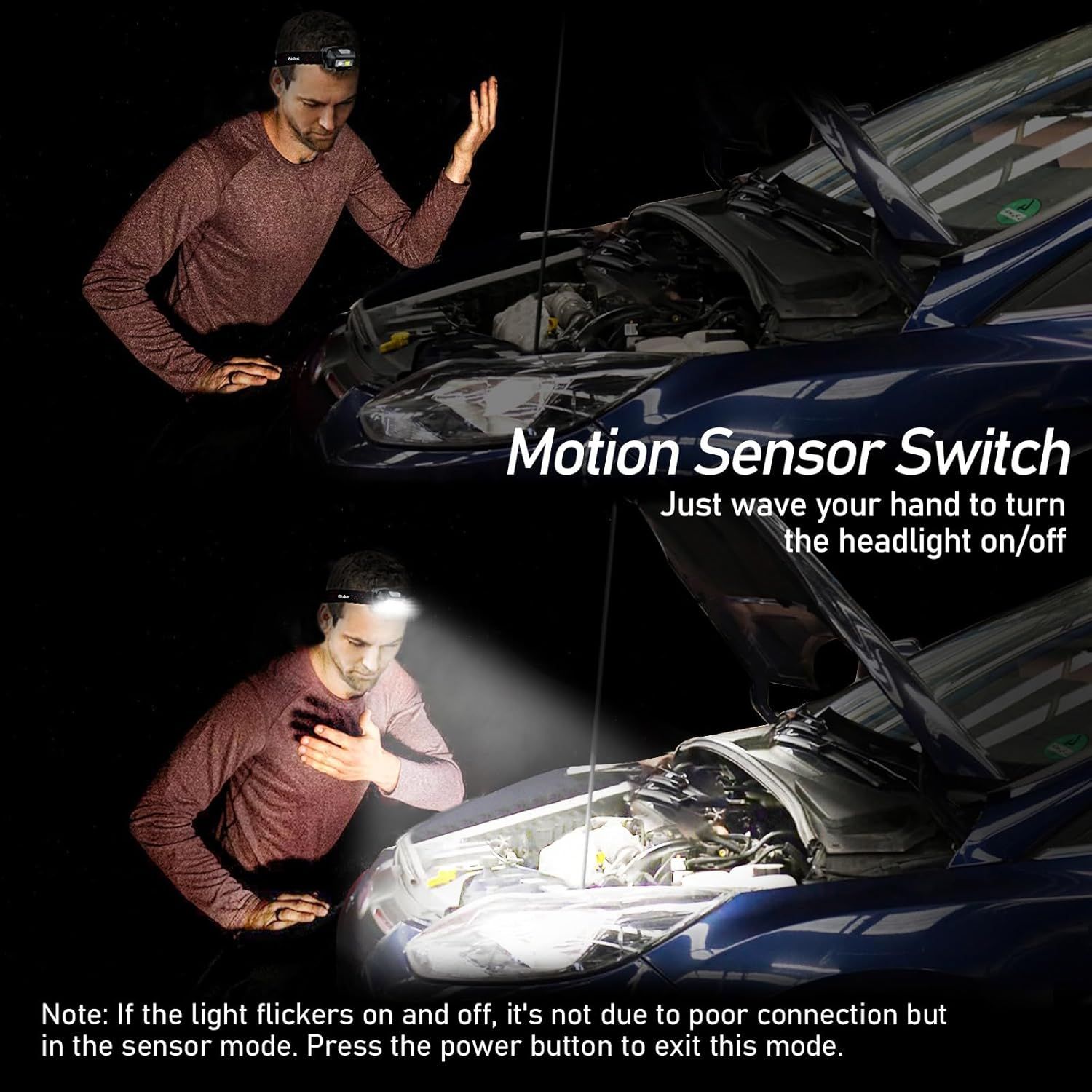 Demonstrates how to use the motion sensor feature by waving your hand to turn the headlight on/off, showing the product's ease of use in a real-world…