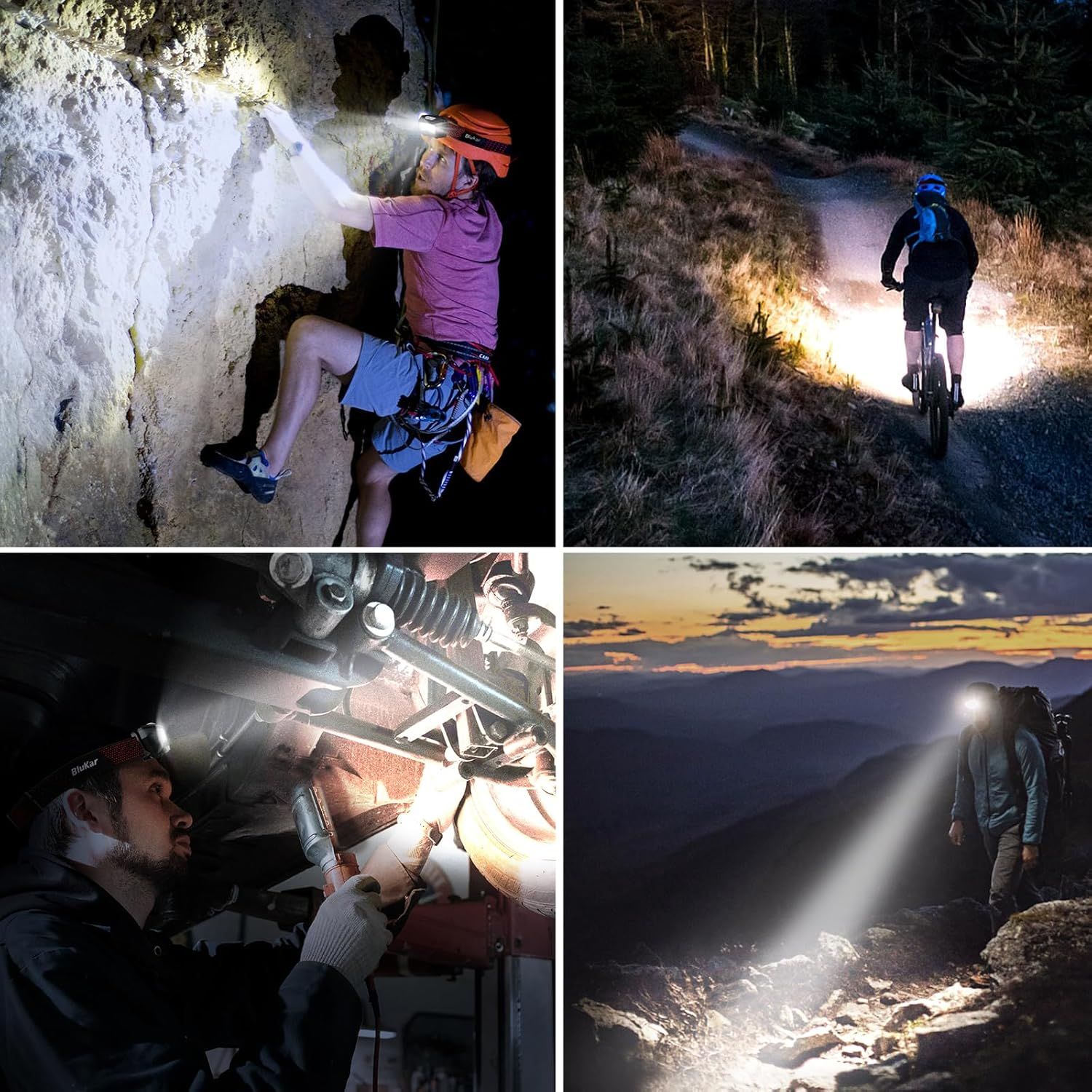 Demonstrates the versatility of the headlamp/flashlight across multiple outdoor and indoor use cases, showing shoppers it works for adventure sports, repairs,…