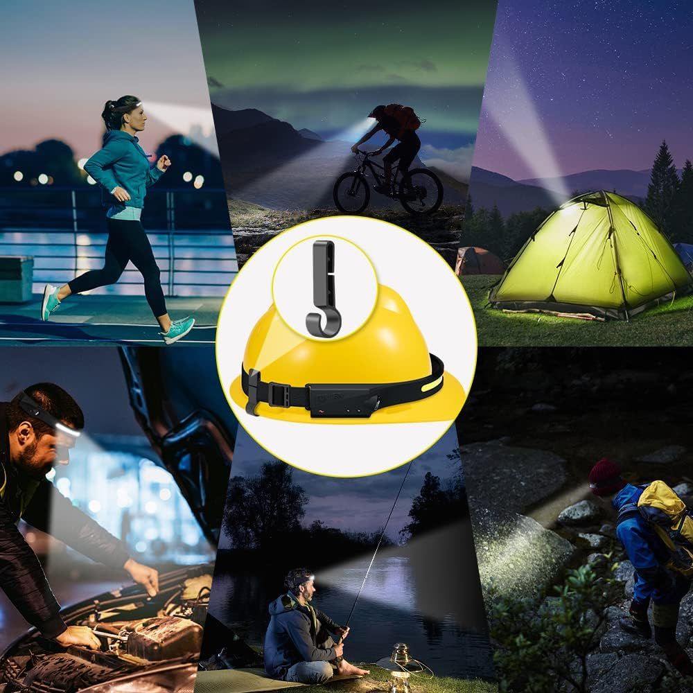 Demonstrates the headlamp's versatility across multiple outdoor and indoor activities including running, camping, biking, fishing, and working, reassuring…