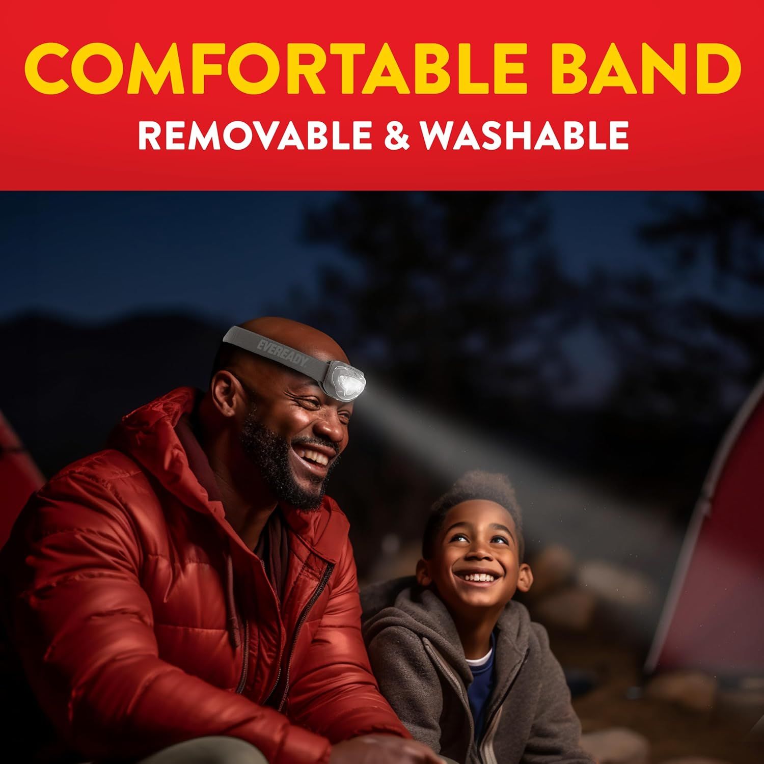 Highlights the headlamp's comfortable, removable, and washable band to reassure shoppers that the product is convenient and easy to maintain for regular use.