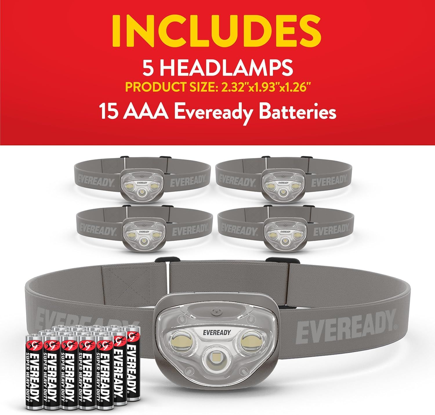 Shows everything included in the purchase—5 headlamps and 15 AAA Eveready batteries—to communicate the complete bundle value and reassure shoppers they have…