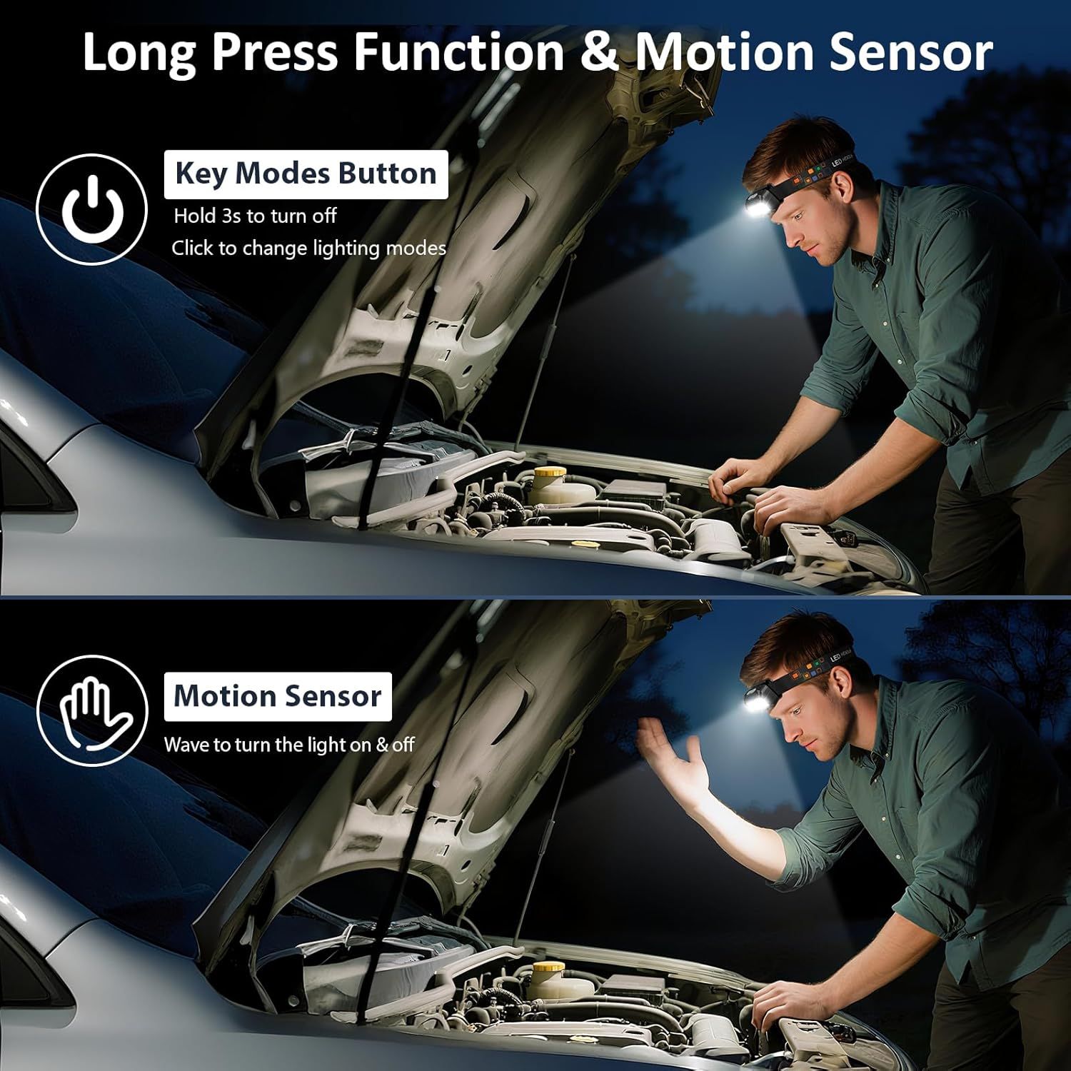 Demonstrates how to operate the headlamp using two different control methods: a key modes button with long press and click functions, and a motion sensor for…