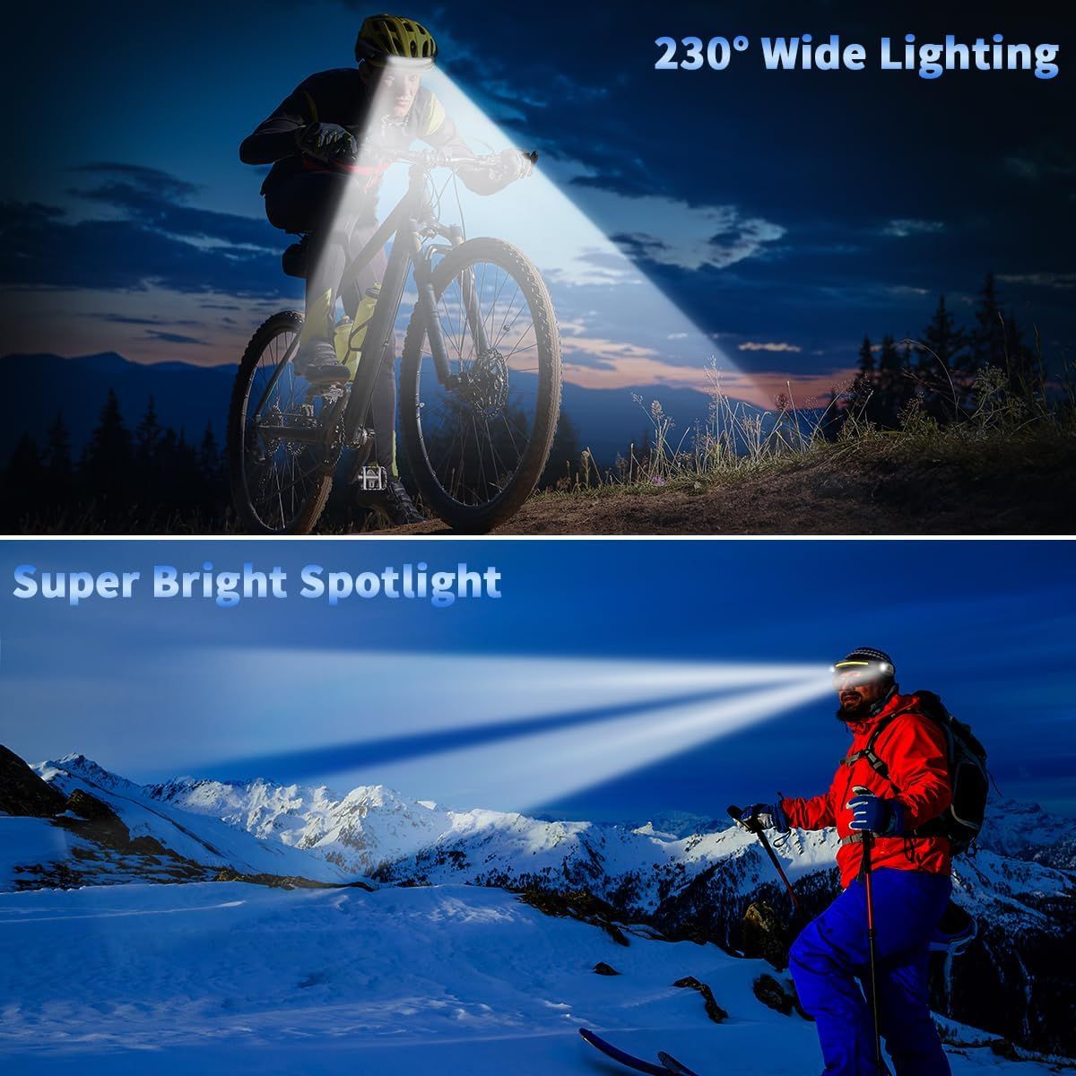 Demonstrates two distinct lighting capabilities of the headlamp product: wide-angle illumination for broad visibility and focused spotlight for long-distance…