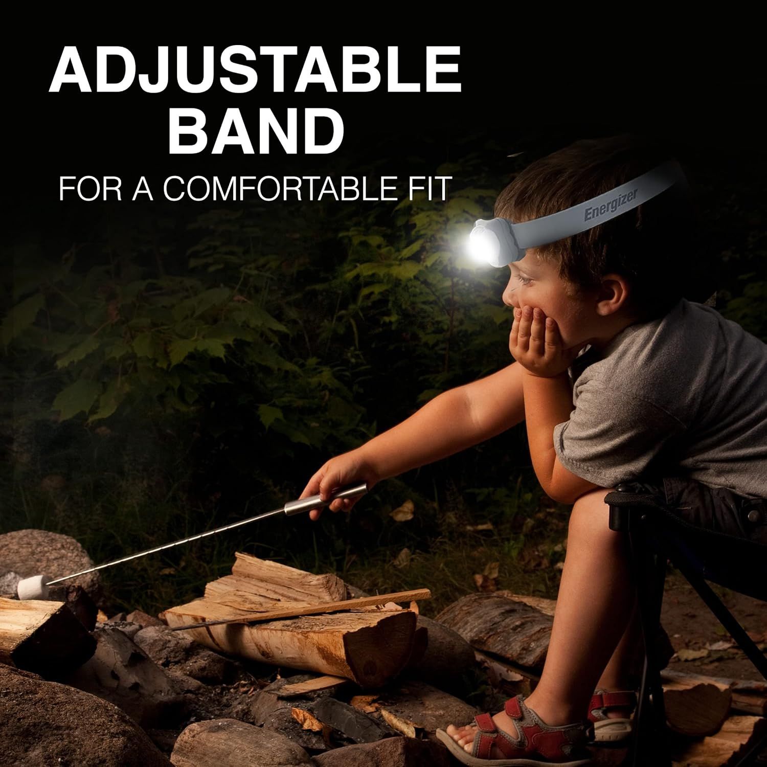 Highlights the adjustable band feature of the headlamp to reassure shoppers that it provides a comfortable, customizable fit for users.