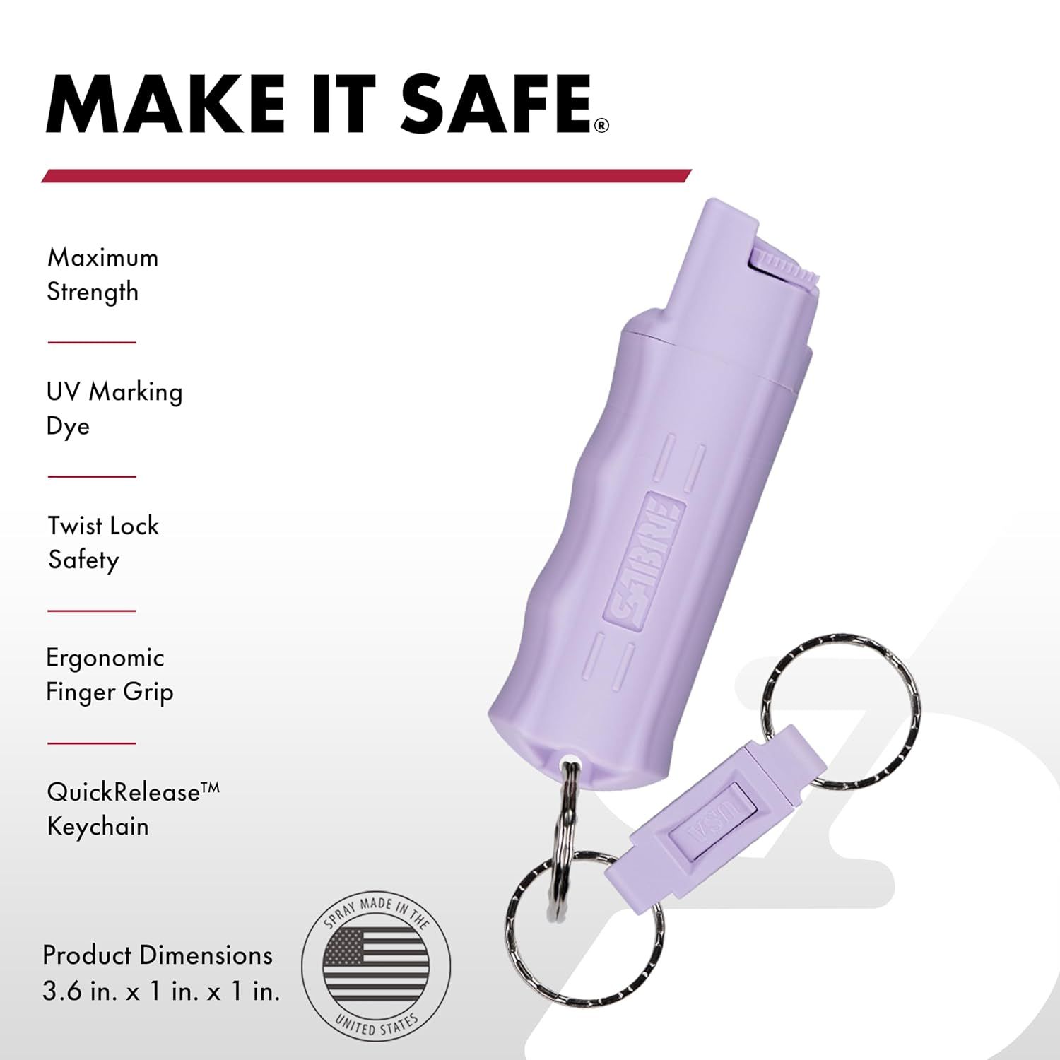Communicates multiple distinct safety and usability features of the pepper spray product to reassure shoppers of its effectiveness, safety mechanisms, and…