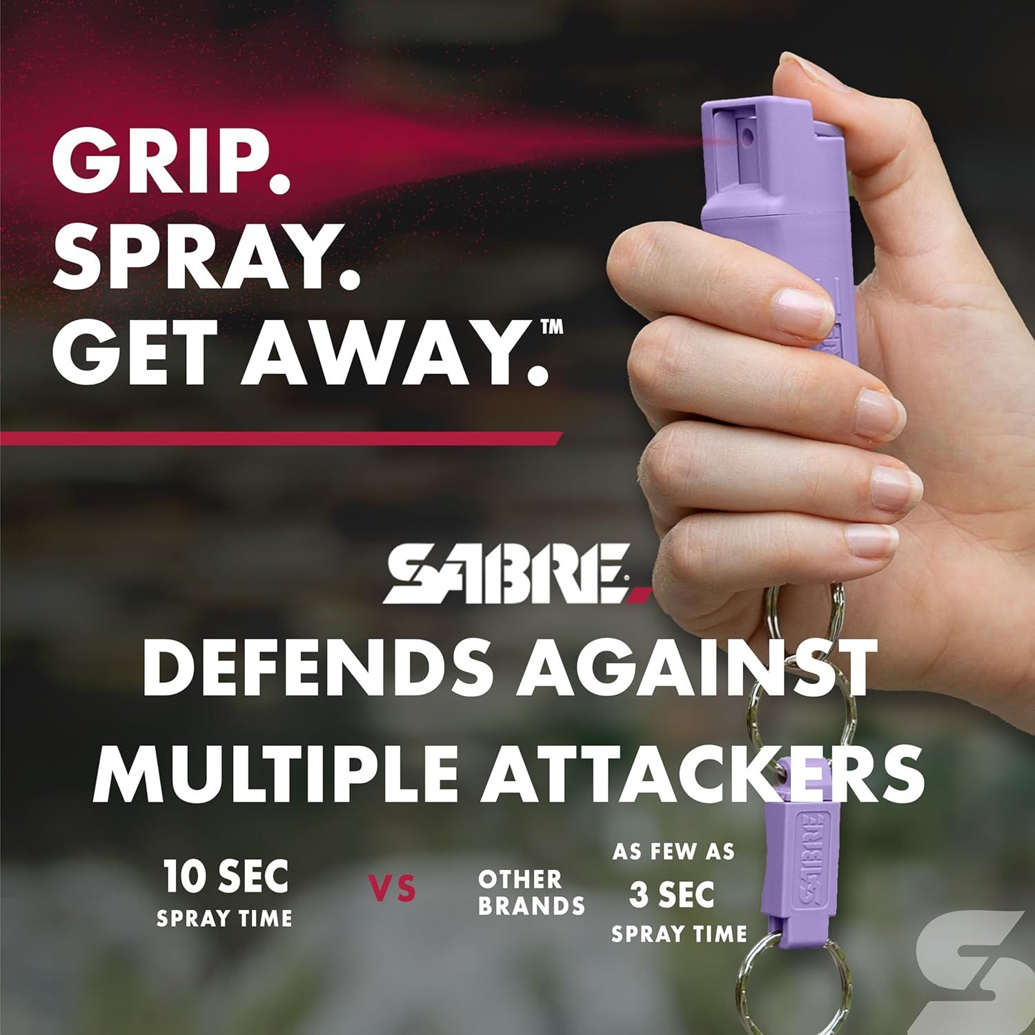 Demonstrates that this pepper spray has a superior 10-second spray time compared to competitors' 3 seconds, emphasizing its effectiveness against multiple attackers. Highlights the key benefit of…