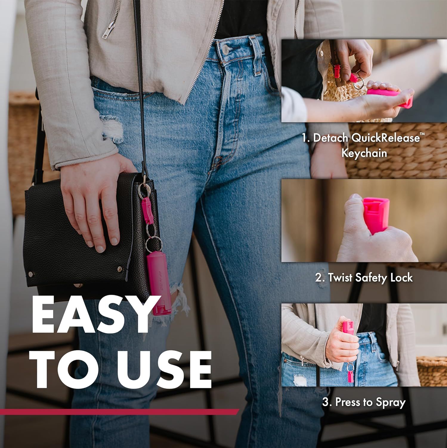 This image demonstrates the three-step process for using the personal safety spray product, showing shoppers how simple and quick it is to detach, unlock, and…