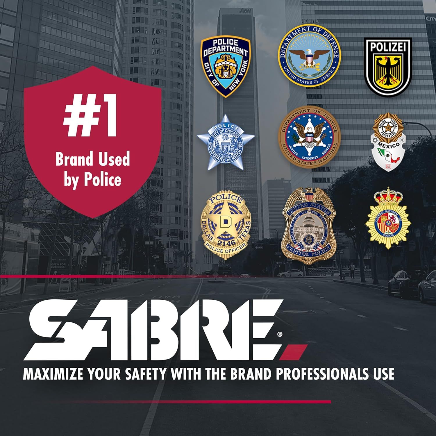 Communicates that the SABRE brand is the #1 choice used by police departments worldwide, building trust and credibility through professional endorsement and…