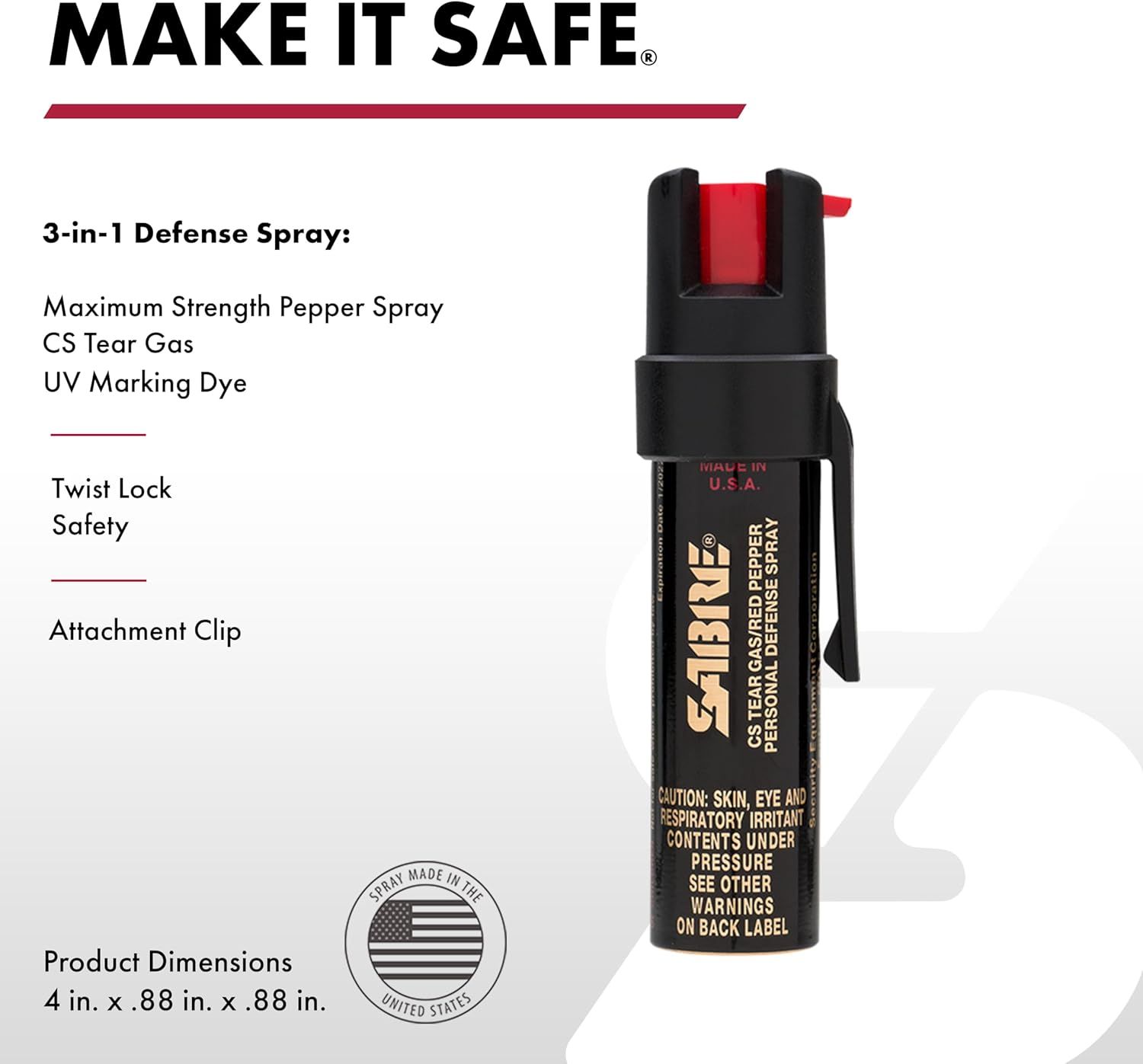Communicates multiple key features and benefits of the defense spray in a segmented layout, highlighting the product's versatility, safety mechanism, and…
