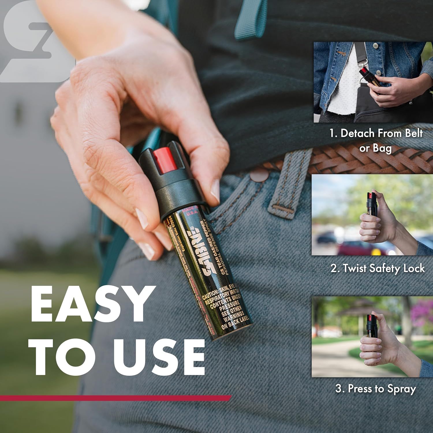 Demonstrates the simple three-step process for using the pepper spray: detach from belt, twist safety lock, and press to spray. Reassures shoppers that the…