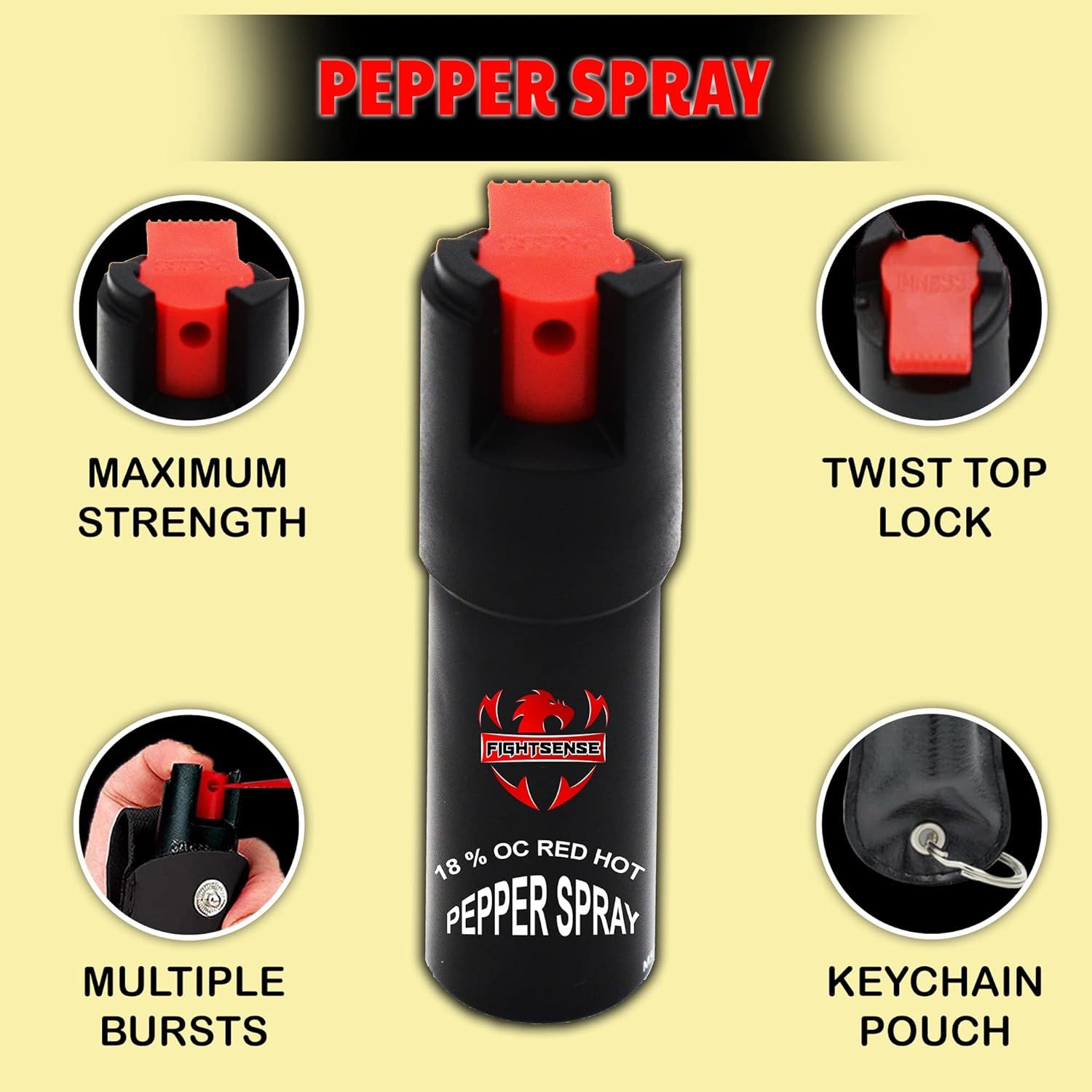 Communicates multiple distinct benefits of the pepper spray in a segmented layout, highlighting its strength, safety lock, burst capability, and portability…