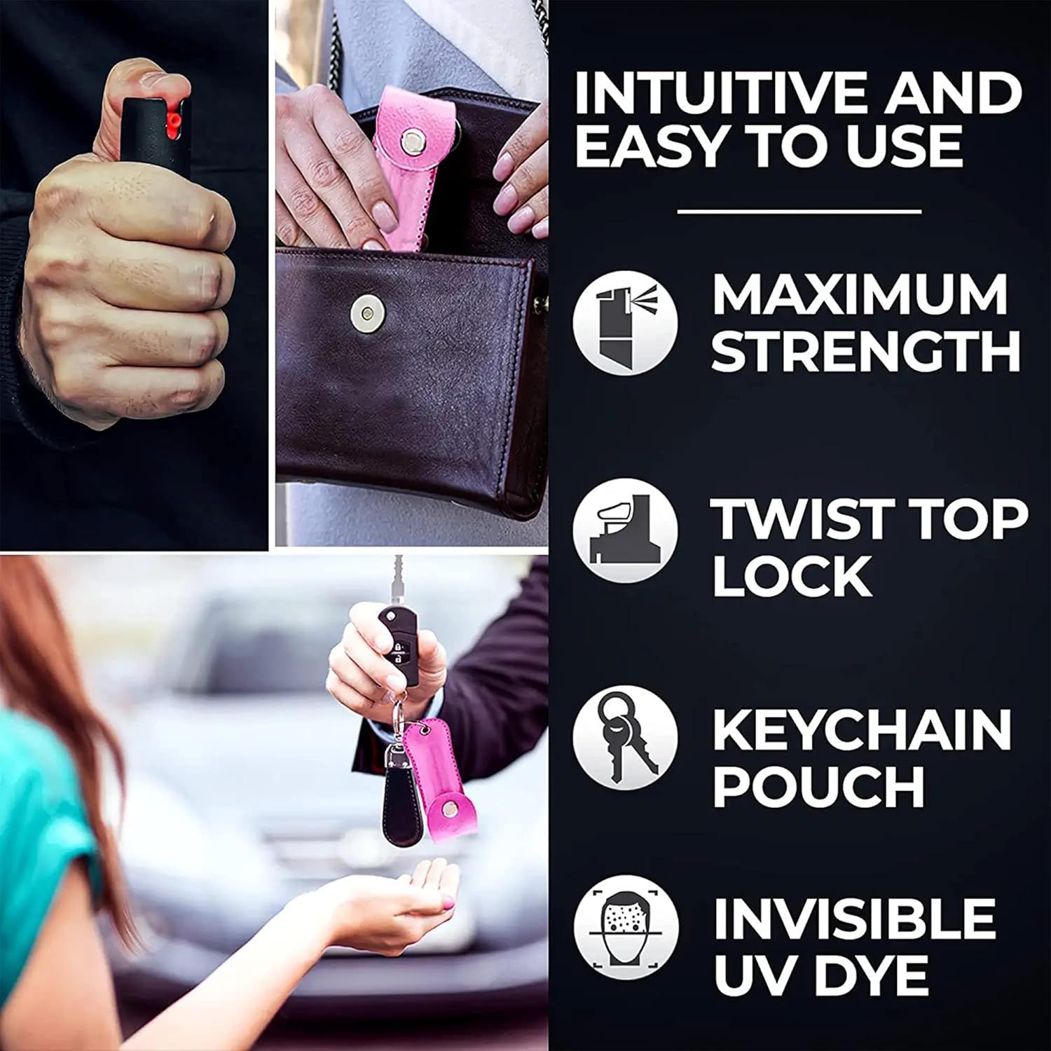 Communicates multiple key features and benefits of the self-defense product in a segmented layout, highlighting ease of use, strength, locking mechanism,…