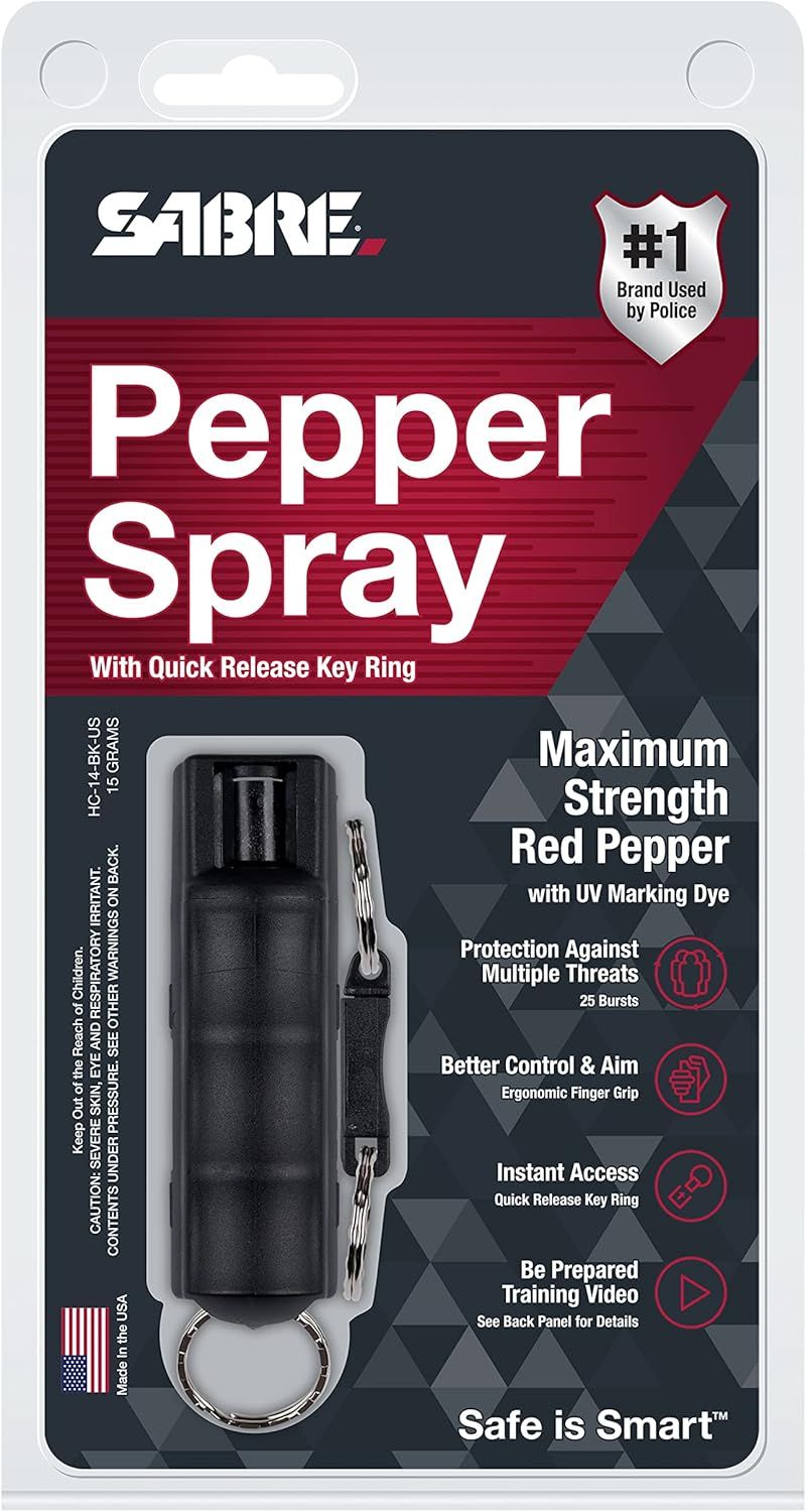 Communicates multiple distinct benefits of the pepper spray in a segmented layout with icons, highlighting its strength, protection capability, ergonomic…