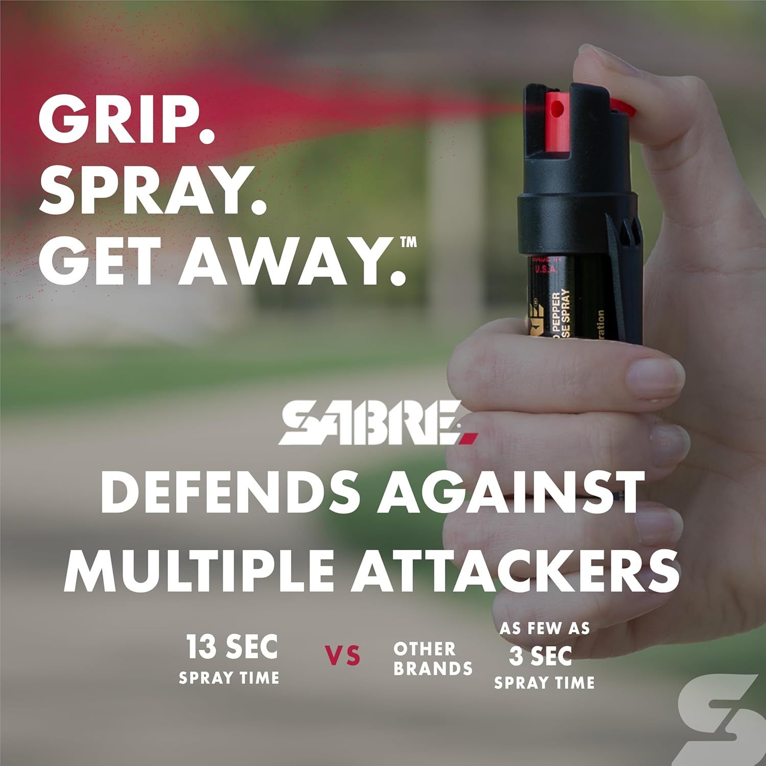 Communicates the product's superior spray time (13 seconds vs. 3 seconds) to reassure shoppers that this pepper spray provides extended defense capability against multiple attackers compared to…
