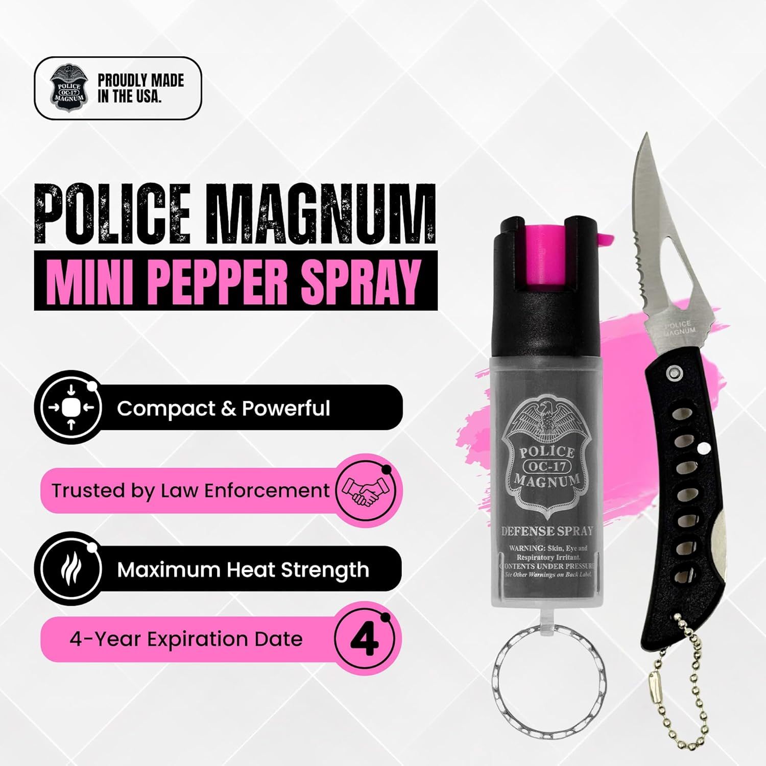 Communicates multiple key selling benefits of the pepper spray in a segmented layout to reassure shoppers of its effectiveness, credibility, strength, and…