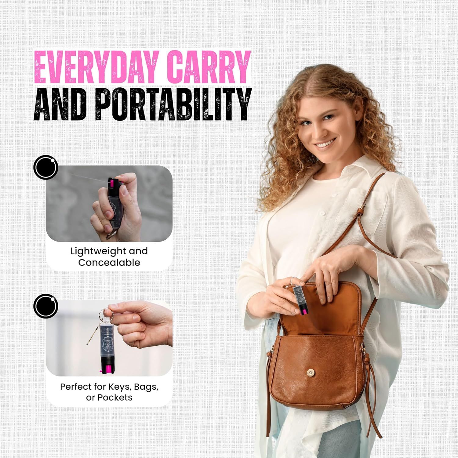 Communicates multiple benefits of the product's portability and everyday carry convenience through visually segmented callouts showing its compact size and…