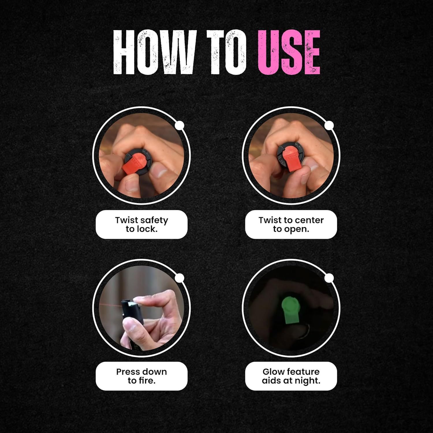 Provides step-by-step instructions on how to safely operate the product, including locking, opening, firing, and using the glow feature for nighttime…