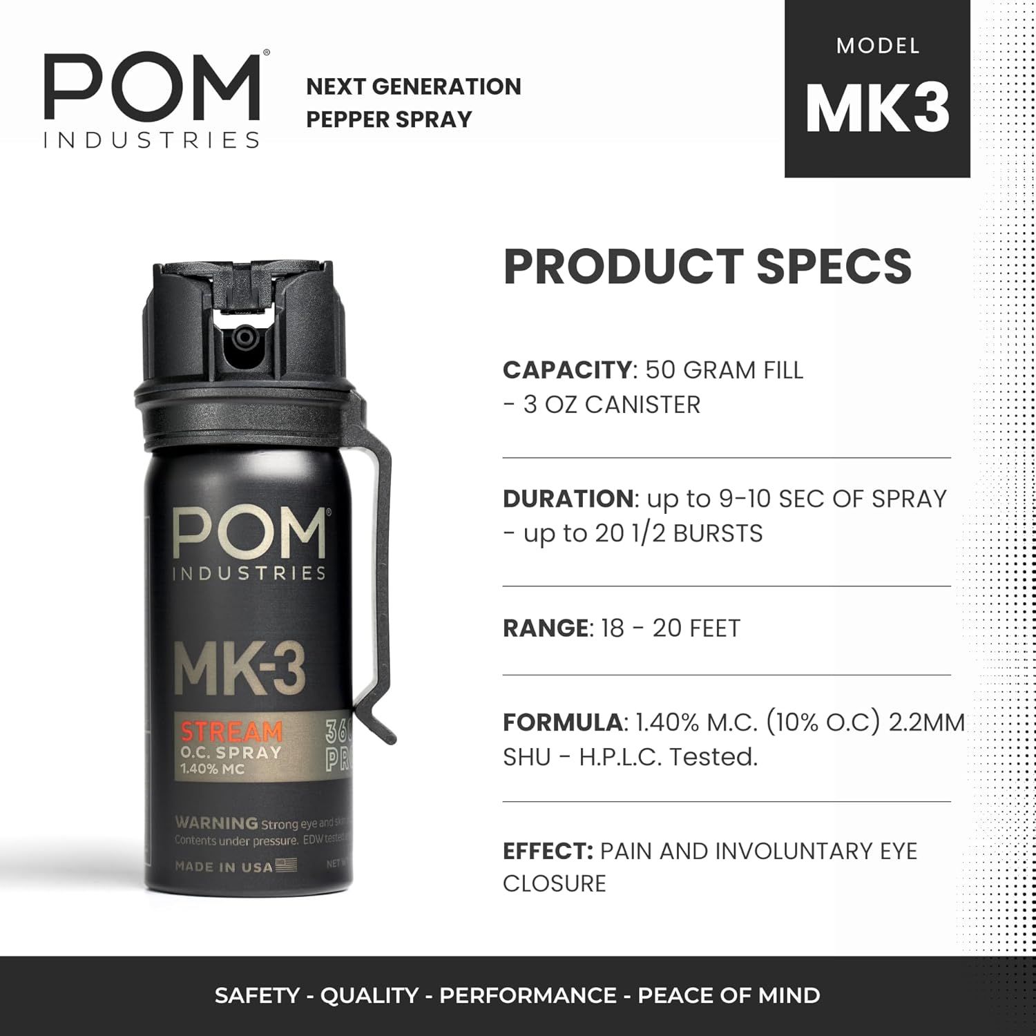 Communicates the product's key performance specifications including capacity, spray duration, effective range, and formula strength to help shoppers understand the product's capabilities and…