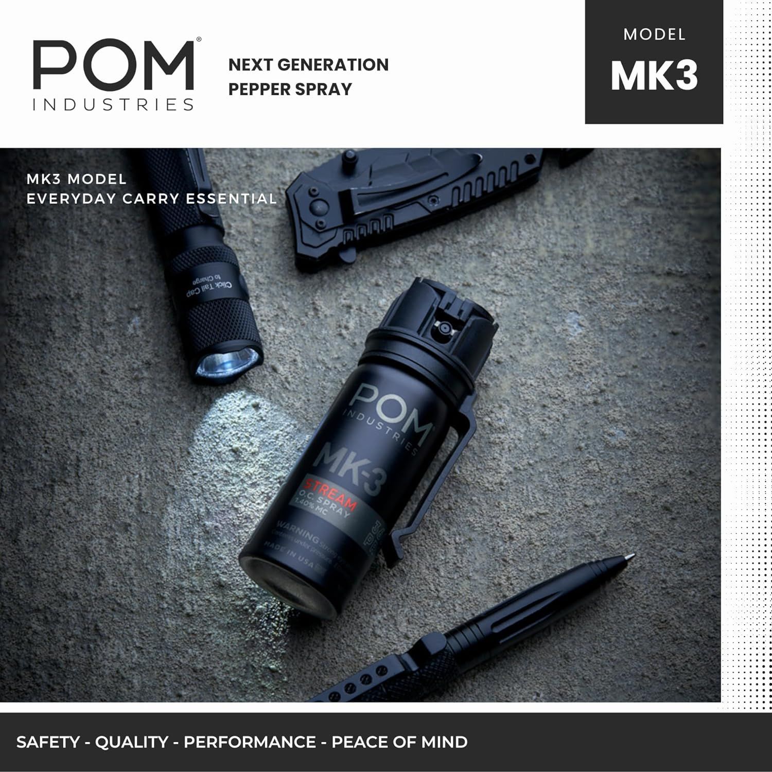 Showcases the POM Industries brand and the MK3 model pepper spray as part of their everyday carry product line, building brand recognition and positioning the…
