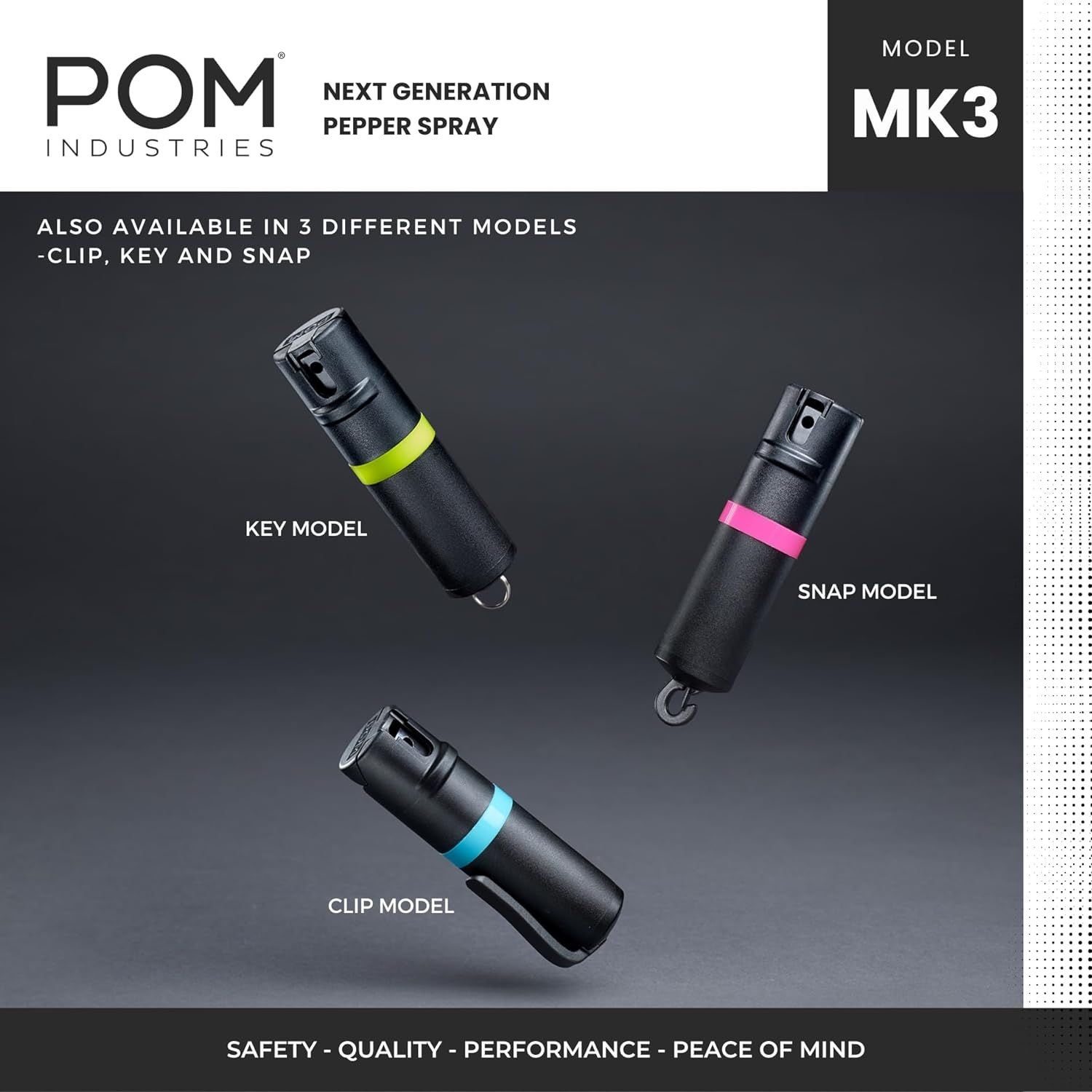 Showcases the brand's product lineup by displaying three different carrying models (Clip, Key, and Snap) of the MK3 pepper spray, helping shoppers understand…