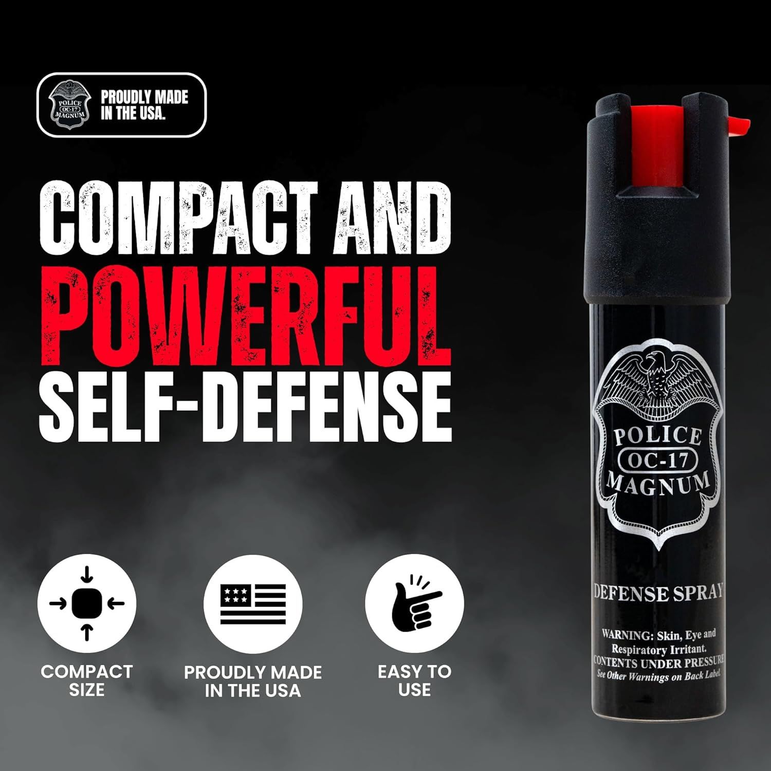Communicates three distinct selling benefits of the pepper spray in a segmented layout: its compact portability, American manufacturing, and ease of use for…
