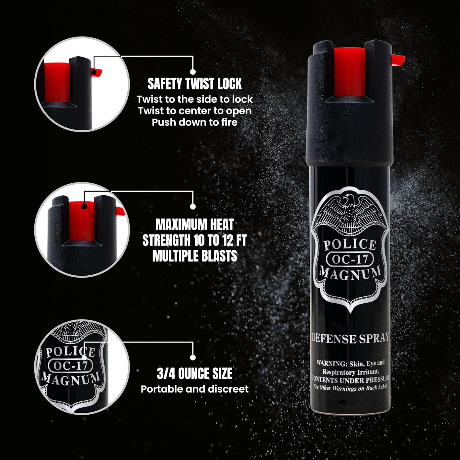 Breaks down the key physical features and functional components of the defense spray, including the safety lock mechanism, spray strength and range, and…