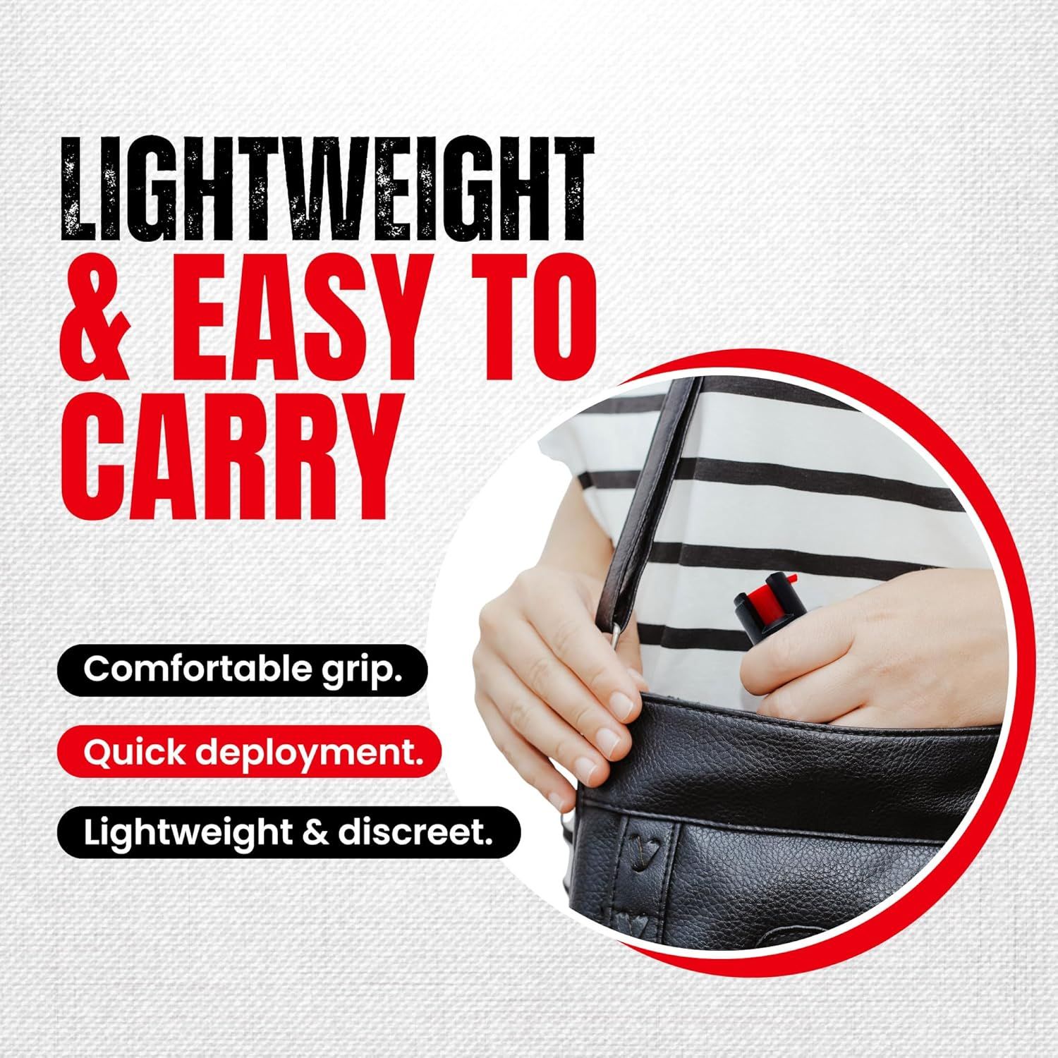 Communicates multiple key benefits of the product including its lightweight portability, comfortable grip, quick deployment capability, and discreet design to…