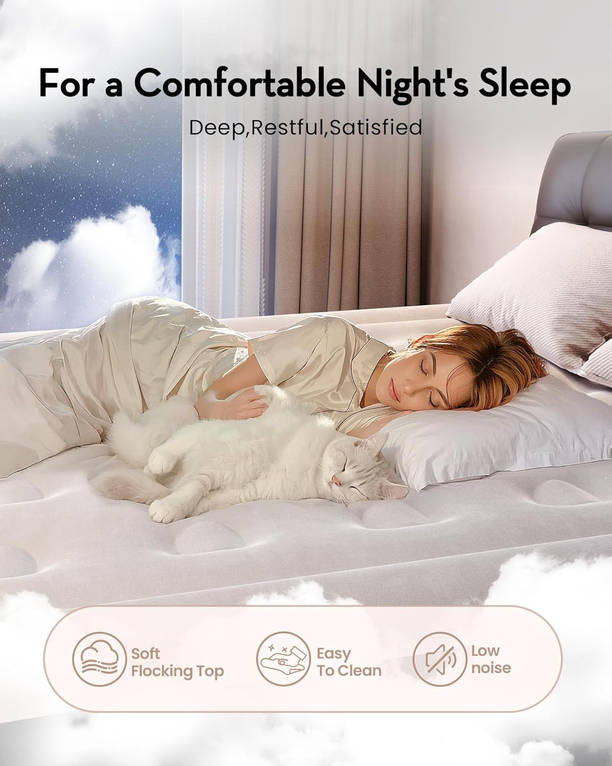 Communicates multiple distinct benefits of the product (soft surface, easy maintenance, quiet operation) to reassure shoppers that this product delivers…