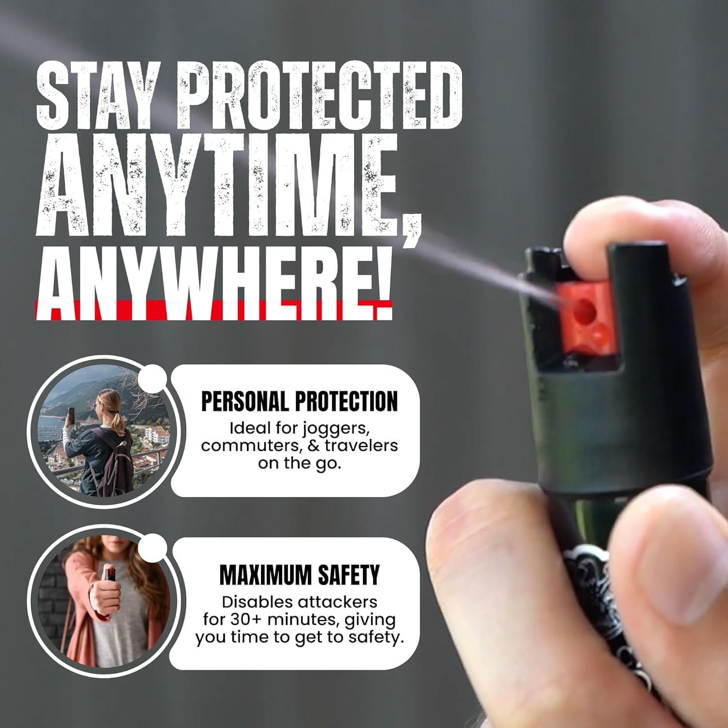 Communicates that this personal protection device is versatile for multiple scenarios (jogging, commuting, traveling) and provides extended safety by…