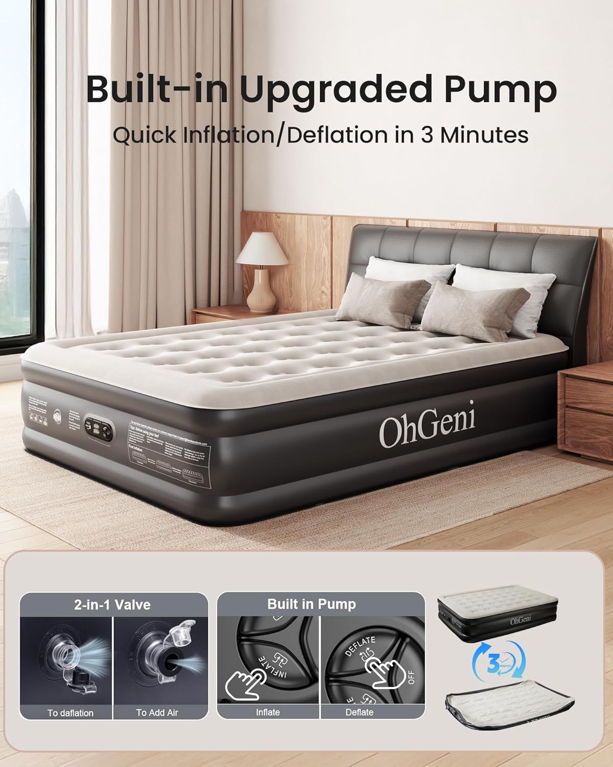 Communicates multiple key benefits of the air mattress including the built-in pump for convenience, fast 3-minute inflation/deflation, and the dual-function…