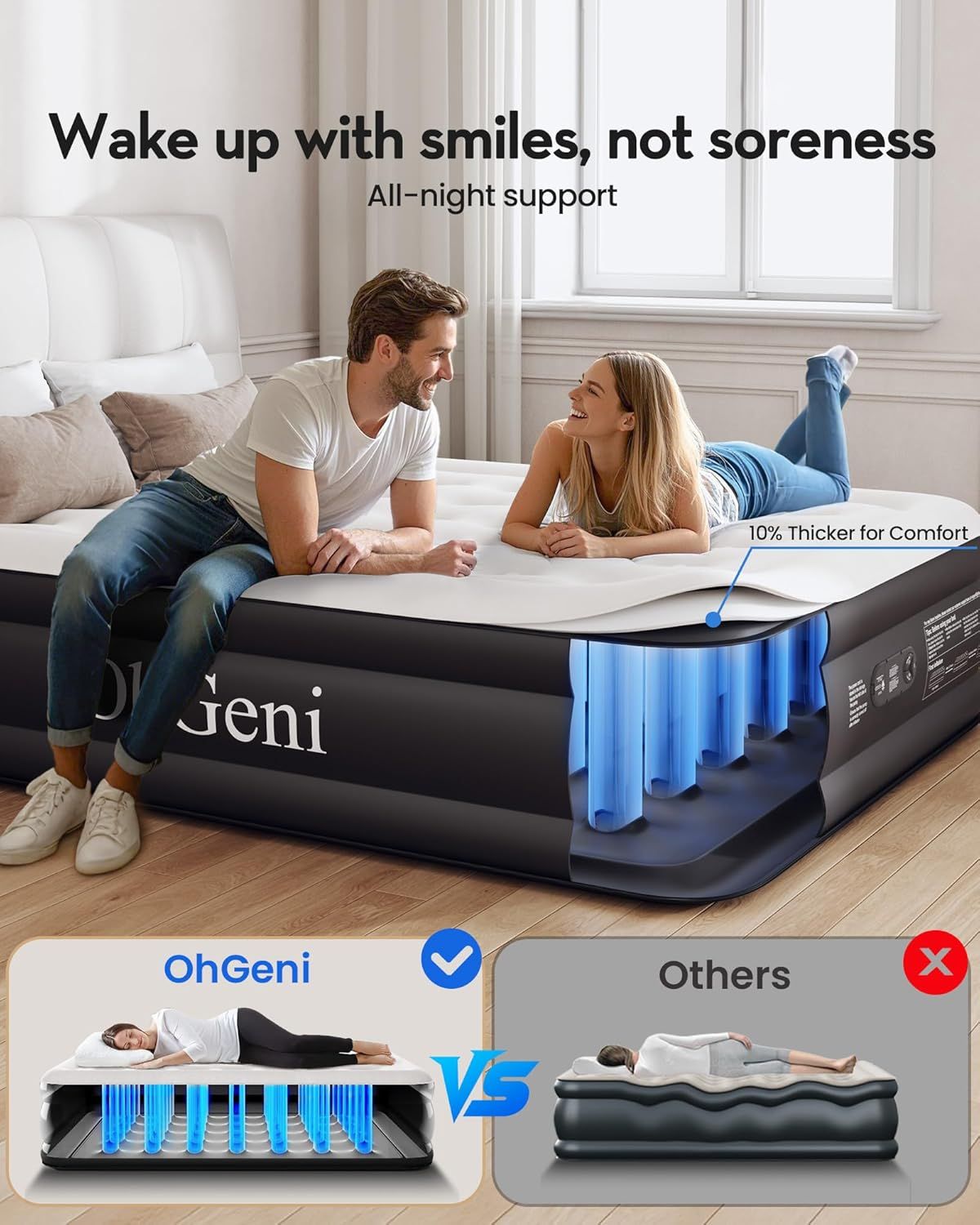Demonstrates the product's superior internal support structure and comfort compared to competing air mattresses, showing why OhGeni provides better sleep…