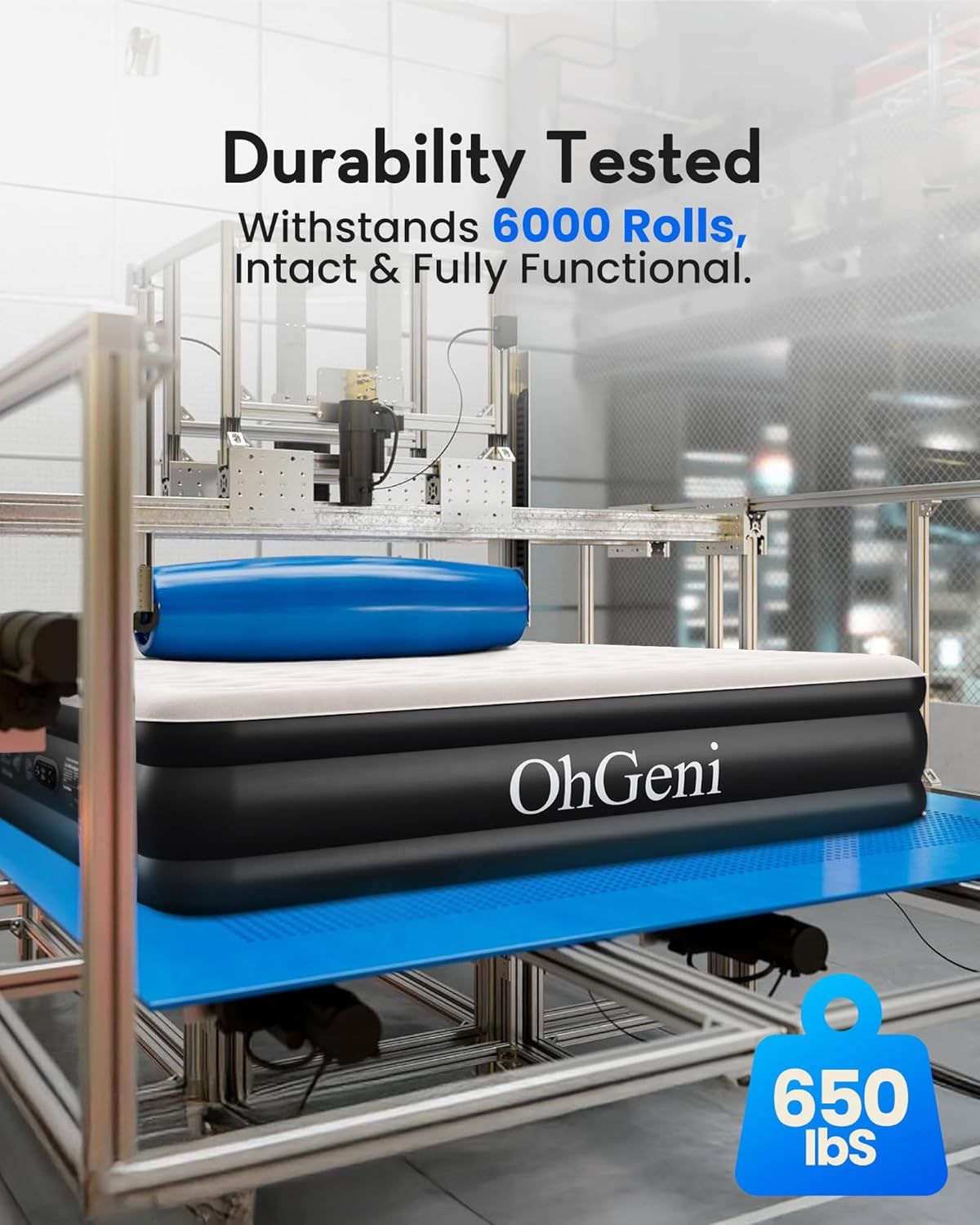 Communicates the product's exceptional durability through quantifiable testing metrics (6000 rolls) and weight capacity (650 lbs) to reassure shoppers of its…