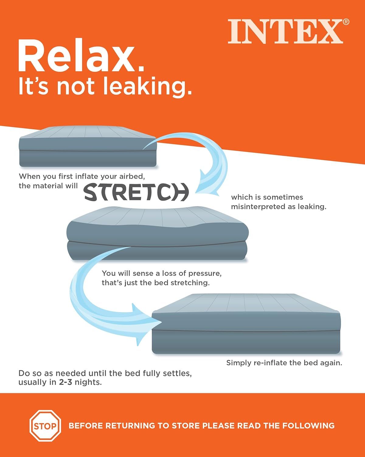 Explains the normal stretching behavior of the airbed during initial inflation to reassure customers that perceived pressure loss is not a leak, reducing…