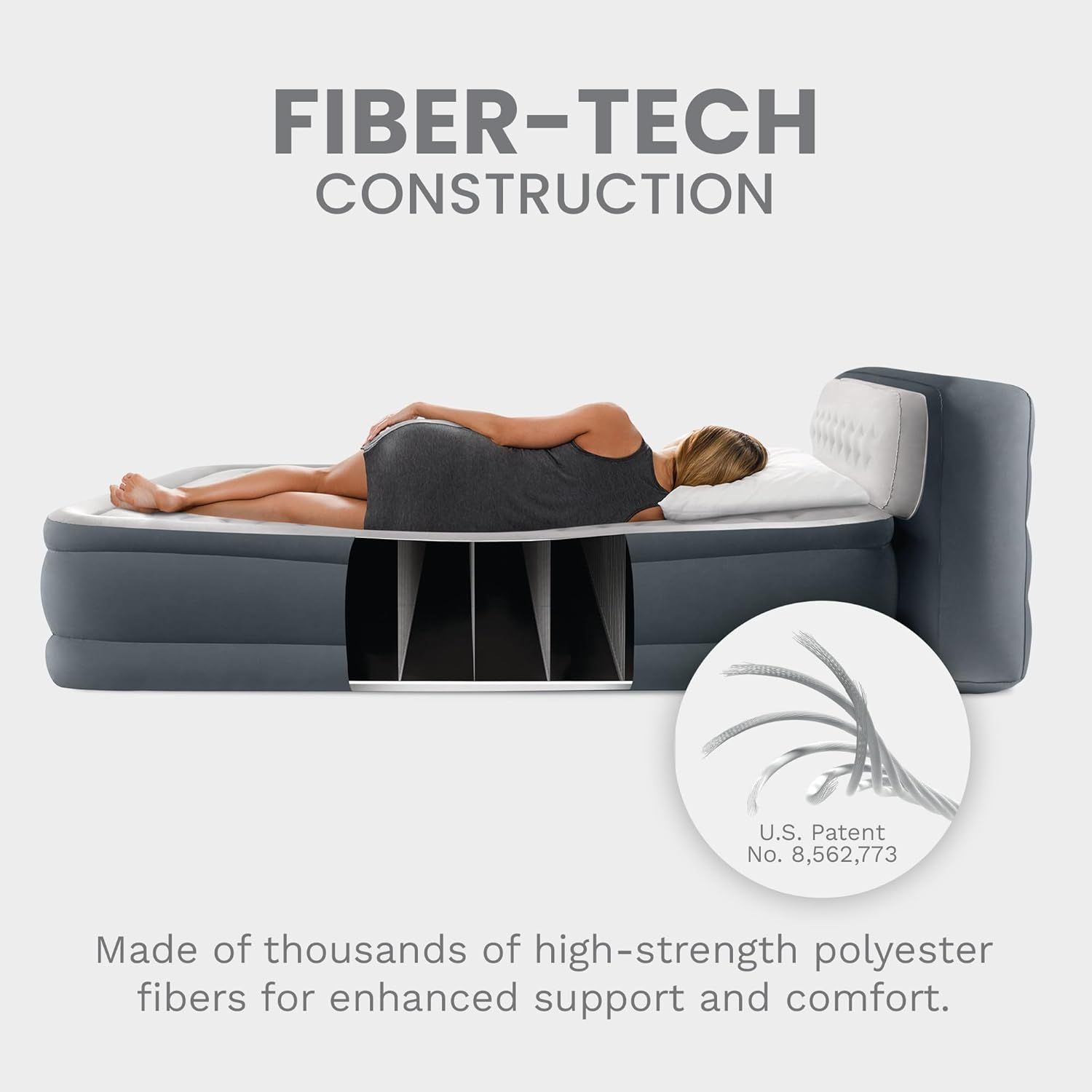 Demonstrates the internal construction technology of the air mattress, showing the fiber-tech support system that provides enhanced support and comfort,…