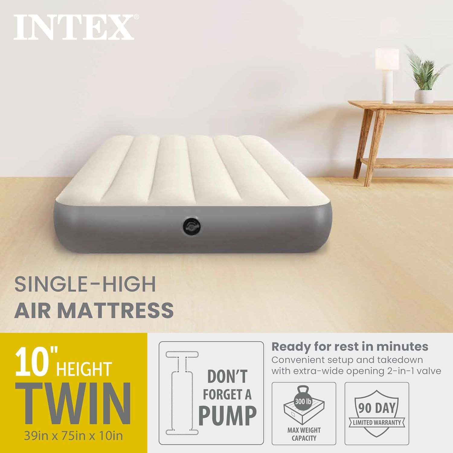 Communicates multiple key selling points of the air mattress including its height, easy setup process, weight capacity, and warranty coverage to reassure…
