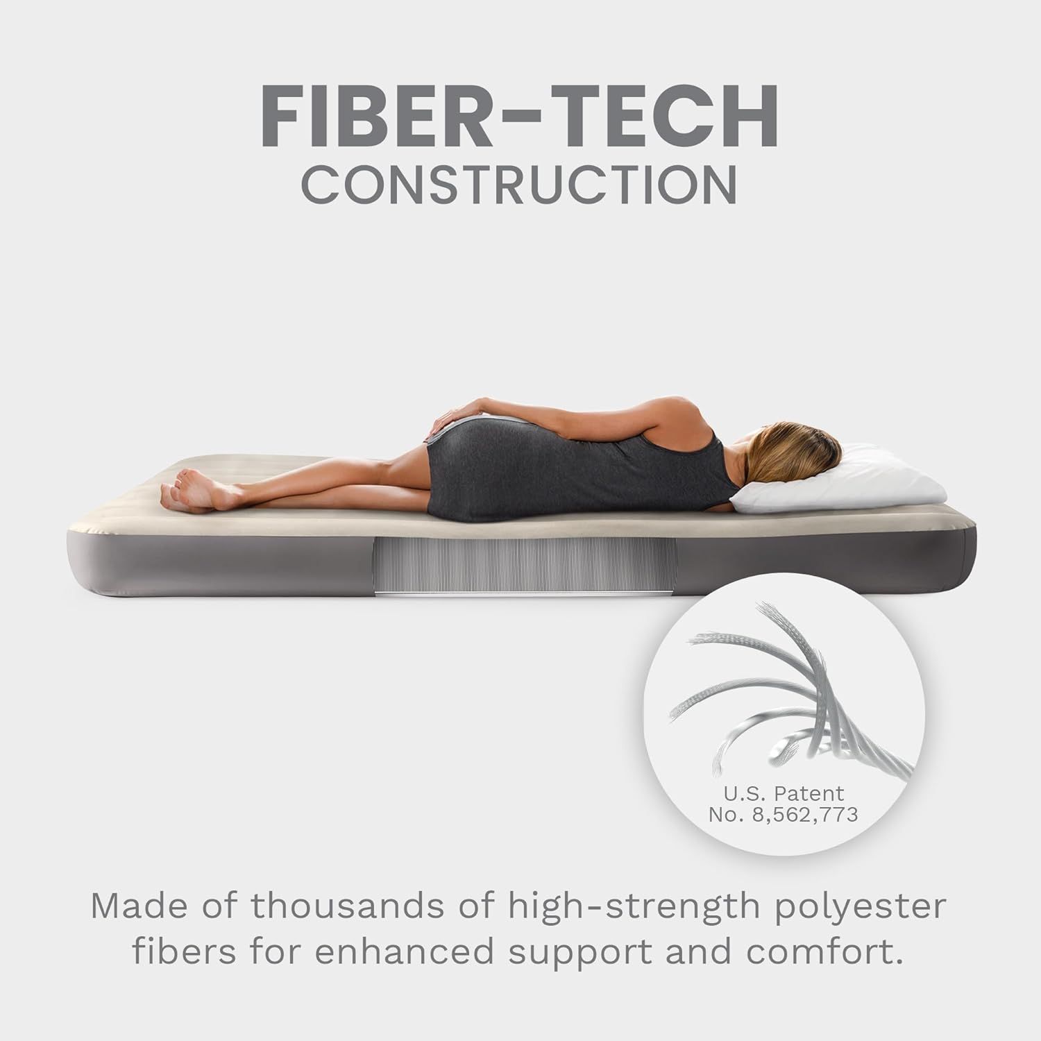 Highlights the internal fiber construction technology of the air mattress to communicate superior support and durability through patented engineering.…