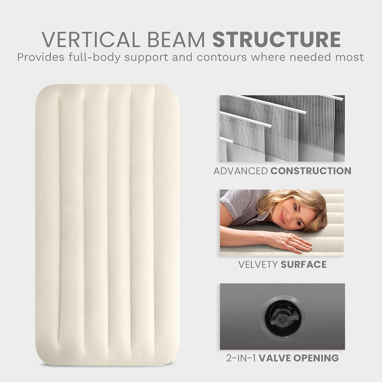 This image breaks down the key structural and material components of the air mattress, highlighting the vertical beam support system, internal construction,…