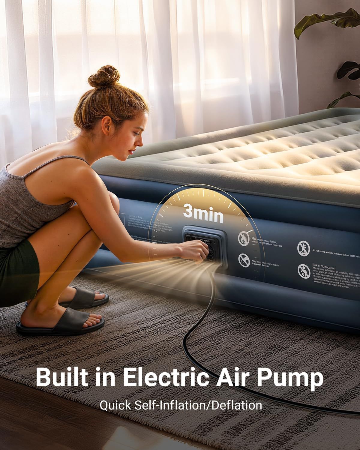 Demonstrates how easy and fast it is to inflate the air mattress using the built-in electric pump, reassuring shoppers that setup takes only 3 minutes.…