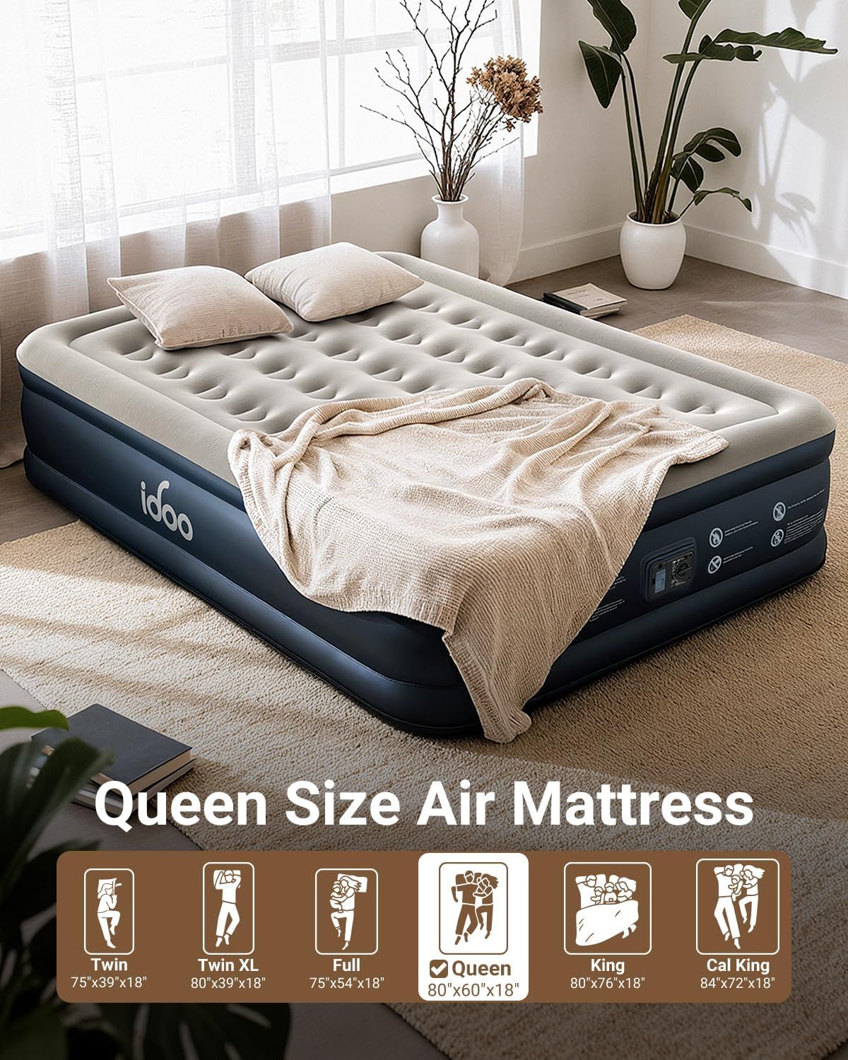 Communicates the available size options for the air mattress, helping shoppers choose the right fit for their needs by showing dimensions for Twin, Twin XL,…