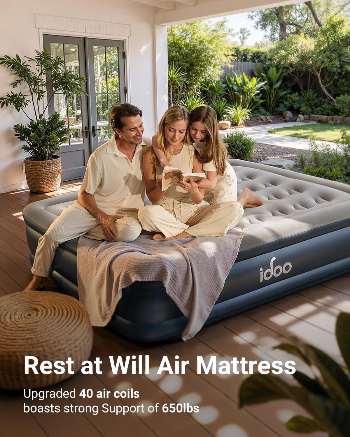 Communicates multiple key product benefits—upgraded air coil technology and high weight capacity—to reassure shoppers of the mattress's comfort, support, and…
