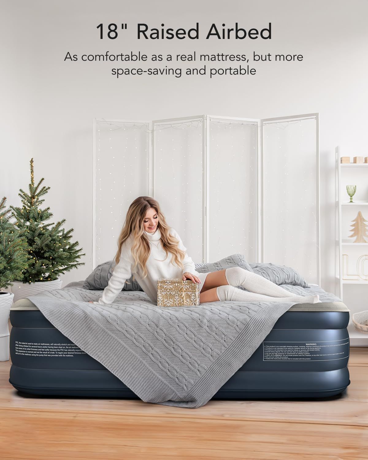 Positions the airbed as a holiday gift option by featuring seasonal decor (Christmas tree, gift box) to appeal to shoppers looking for seasonal purchases or guest accommodations during the holidays.…