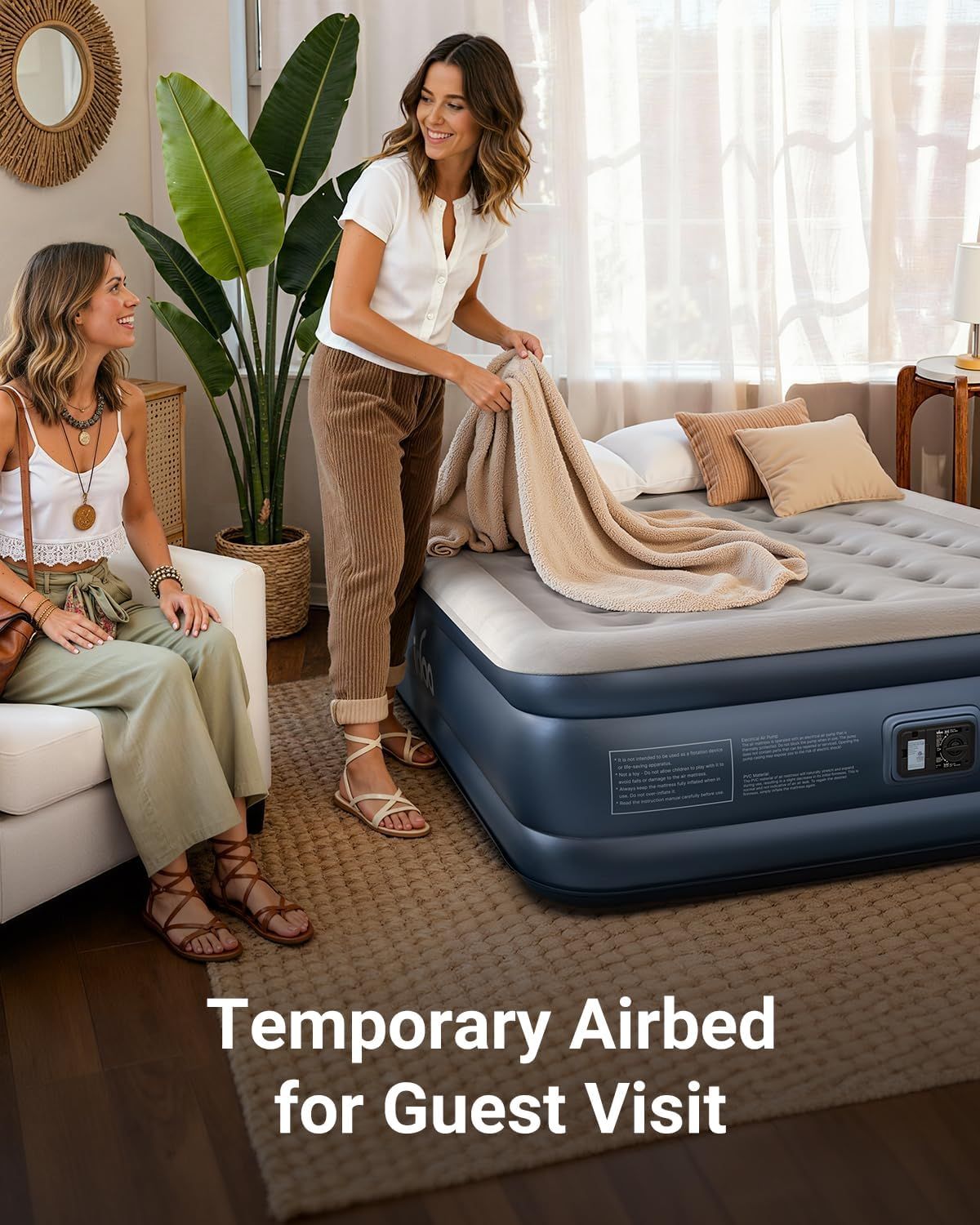 Demonstrates a specific use case for the airbed—providing temporary sleeping arrangements for guests—to help shoppers visualize how the product fits into…