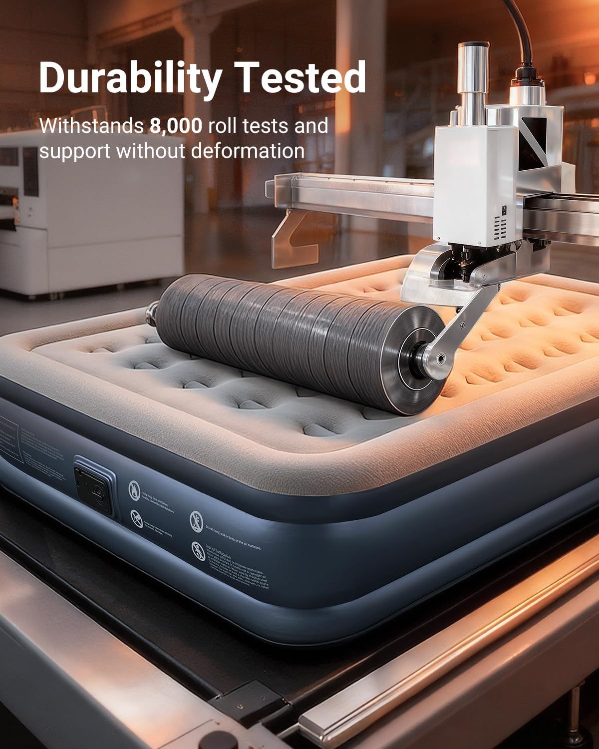 Communicates the product's exceptional durability through a quantifiable performance claim, reassuring shoppers that the air mattress can withstand extensive…